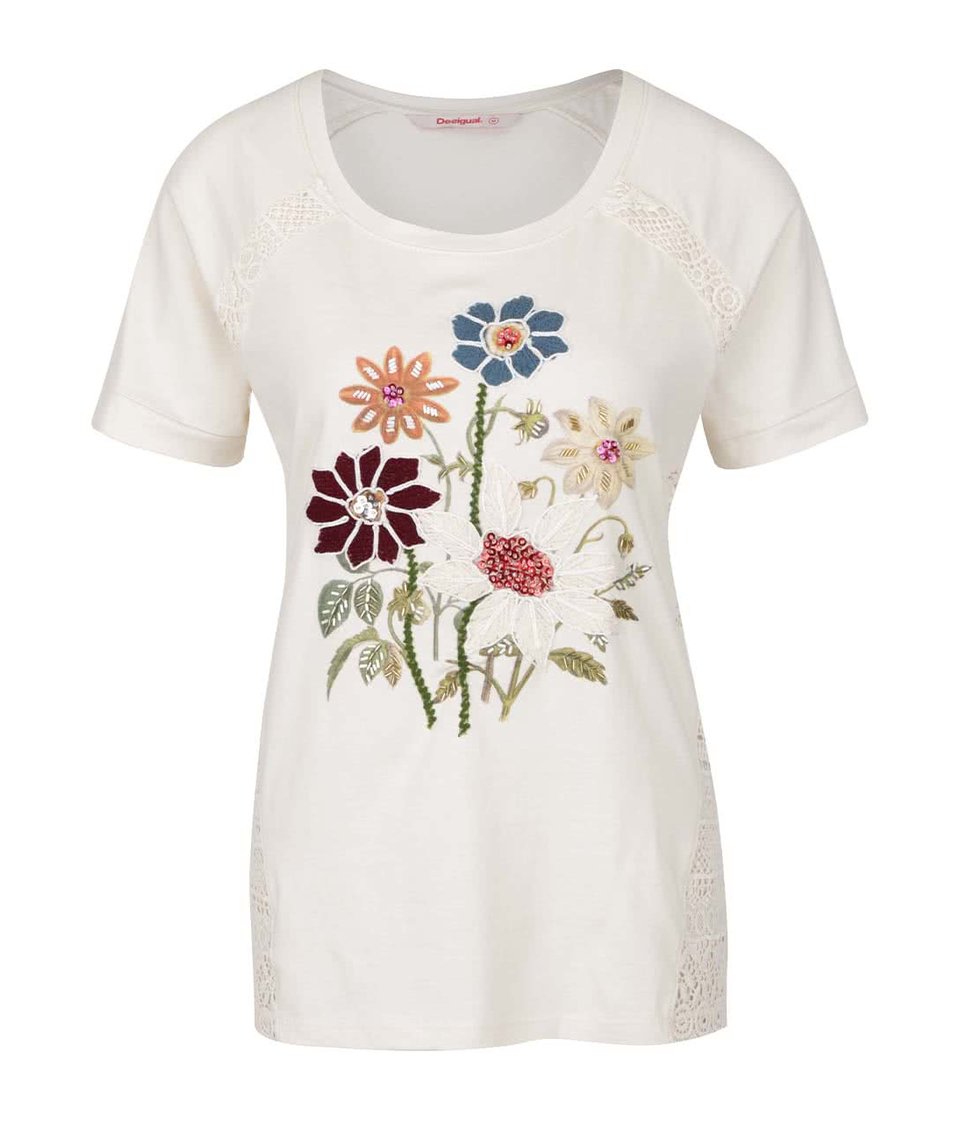 Krémové tričko s vyšitými květinami Desigual Petunia