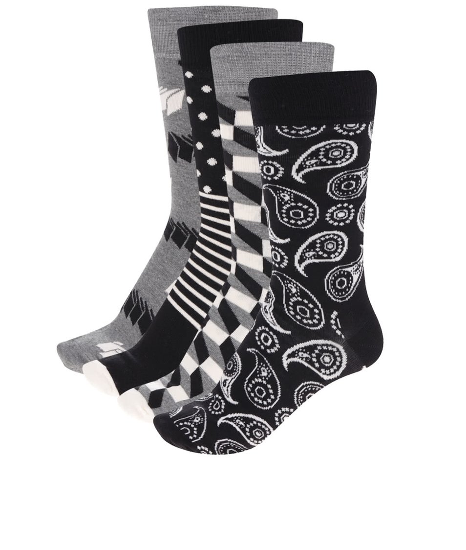 Sada čtyř párů černo-šedých vzorovaných ponožek Happy Socks Gift Box