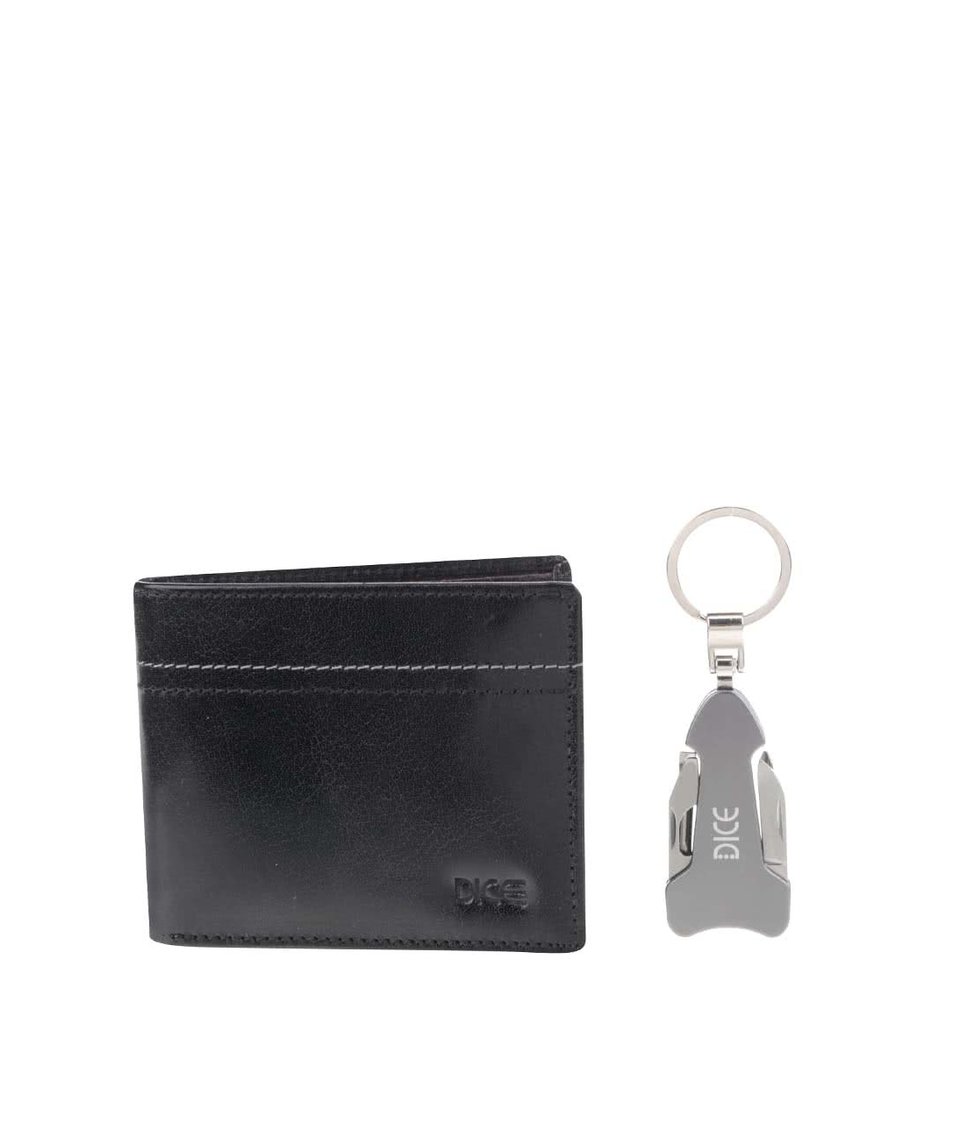 Dárkový set černé kožené peněženky a klíčenky s multifunkčním nožem Dice