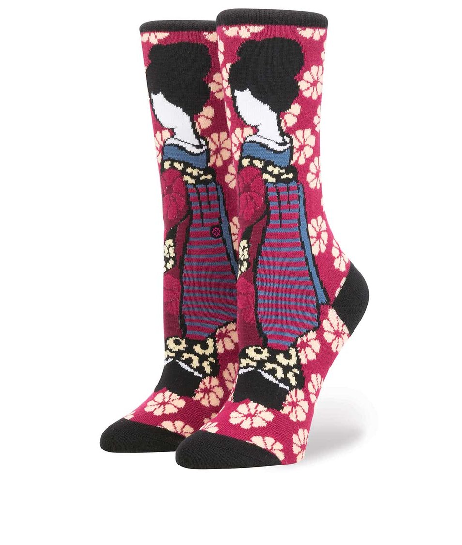 Vínovo-růžové dámské ponožky s japonským motivem Stance Geisha