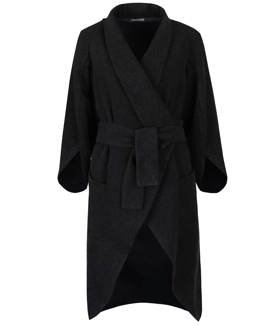 Tmavě šedý vlněný kabát s kimonovými rukávy a zavazováním v pase Bianca Popp