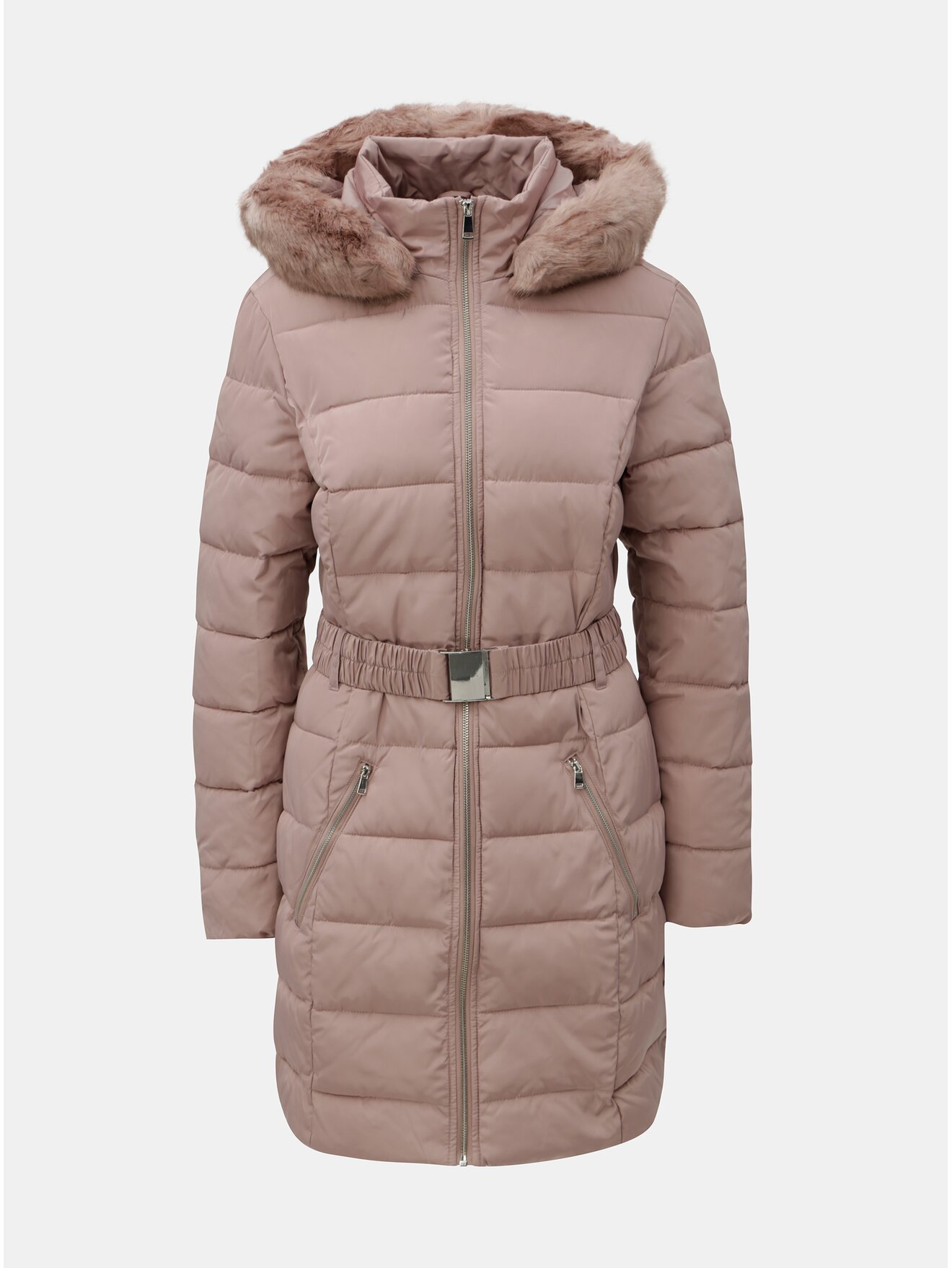 Starorůžový prošívaný zimní kabát s odnímatelným umělým kožíškem Dorothy Perkins Tall
