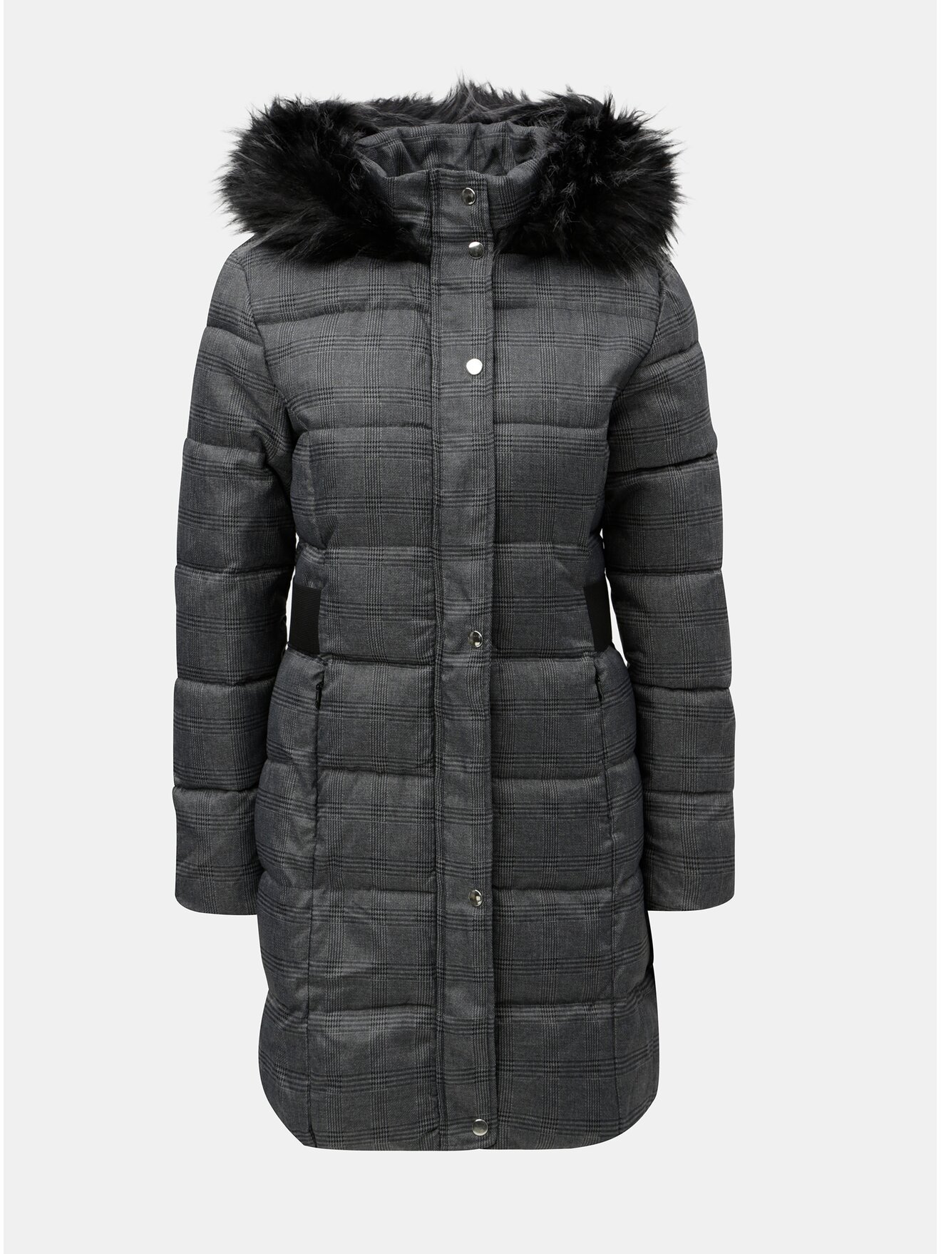 Šedý kostkovaný zimní kabát s umělým kožíškem na kapuci Dorothy Perkins
