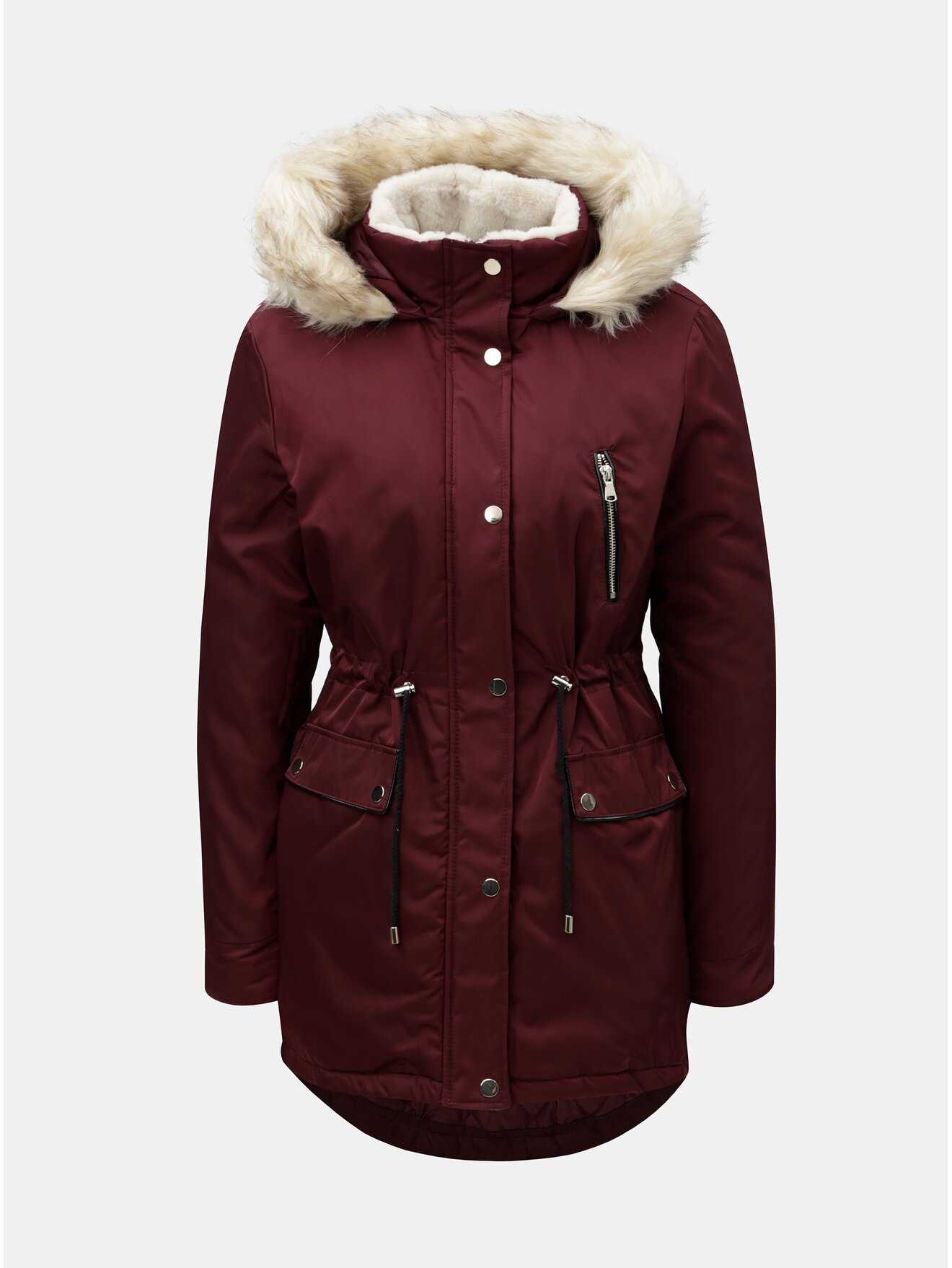 Vínová zimní parka s umělým kožíškem na kapuci Dorothy Perkins Petite