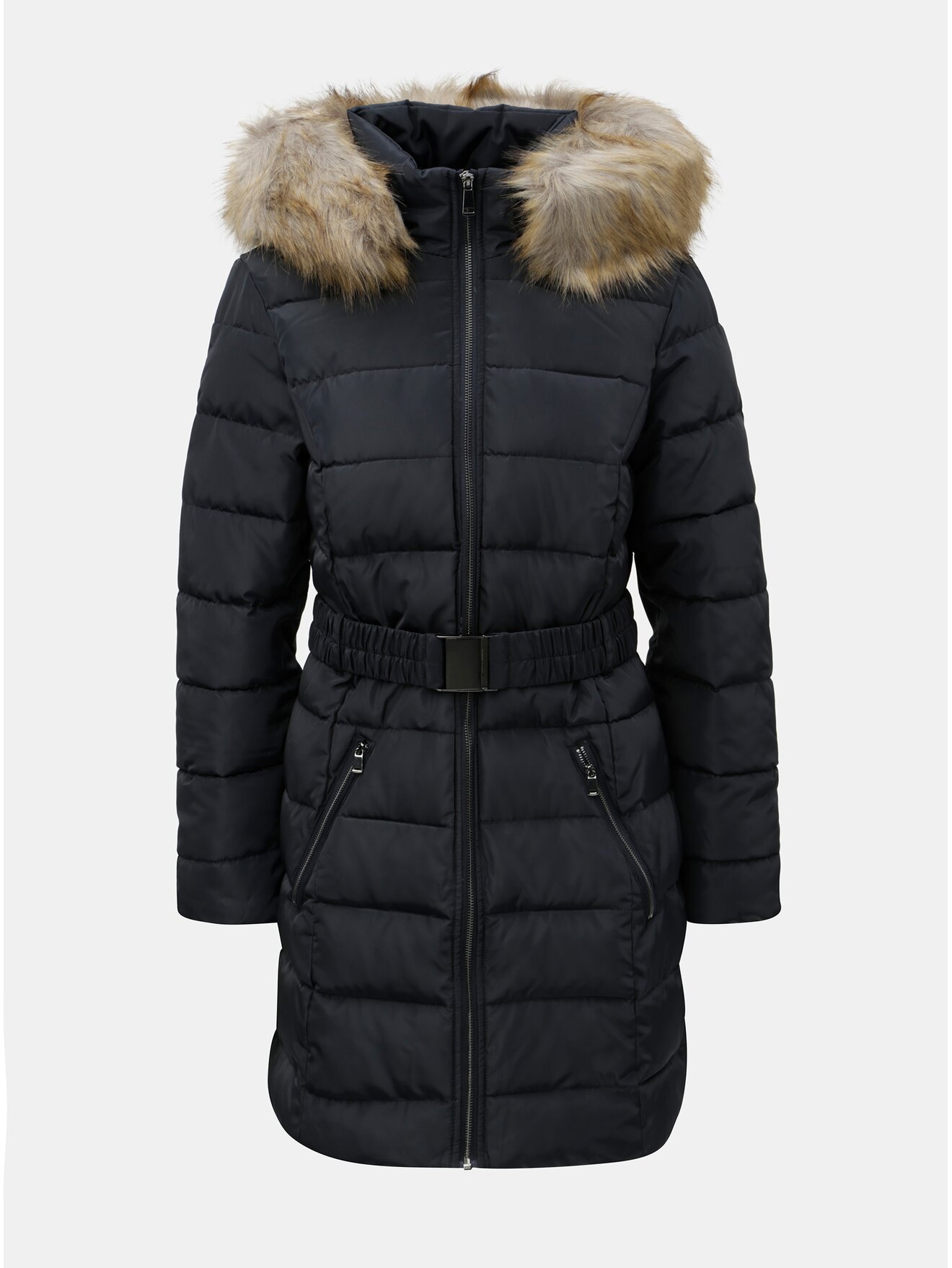 Tmavě modrý prošívaný zimní kabát s odnímatelným kožíškem na kapuci Dorothy Perkins