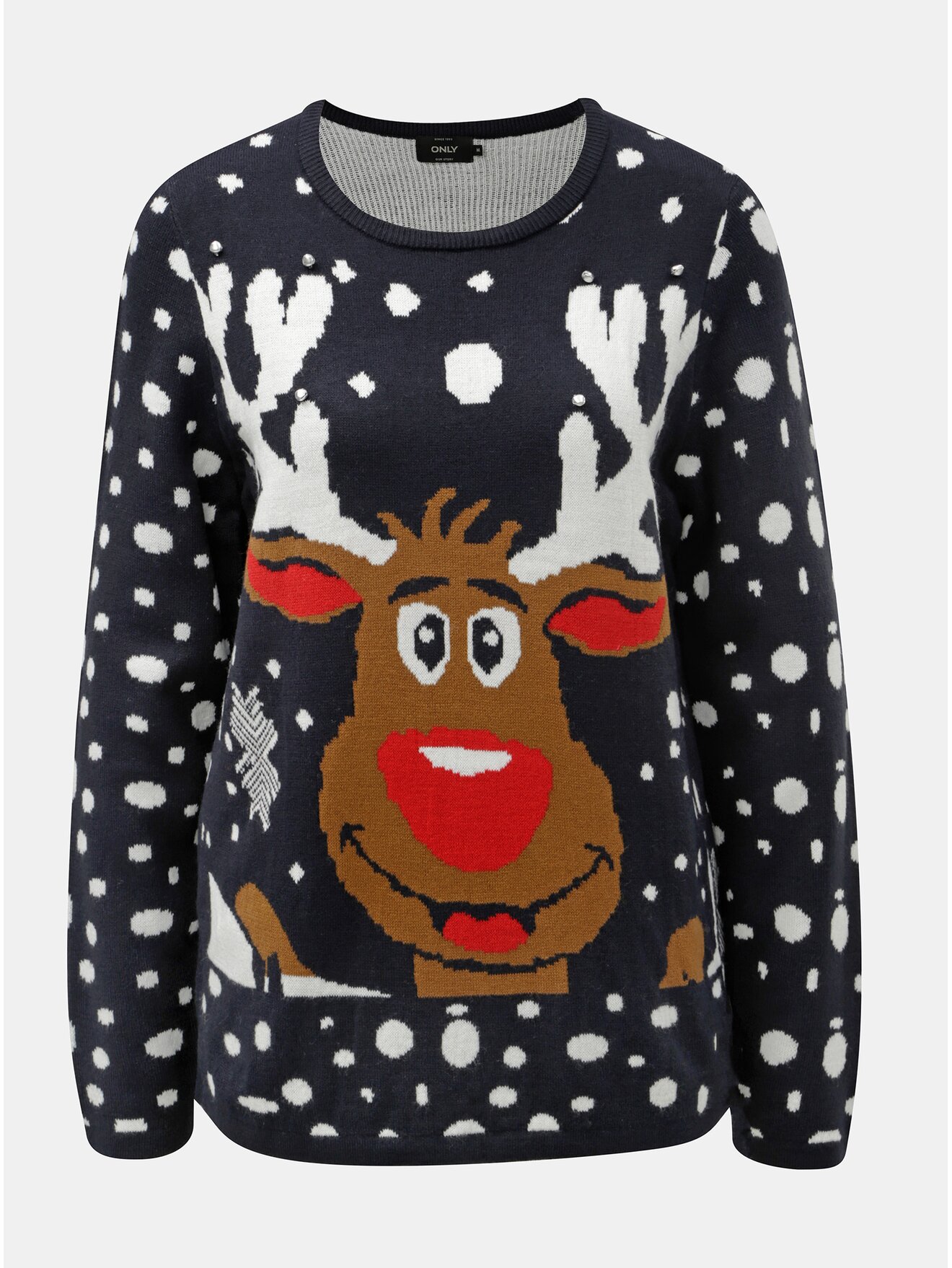 Tmavě modrý svetr s rolničkami a motivem soba ONLY X-MAS