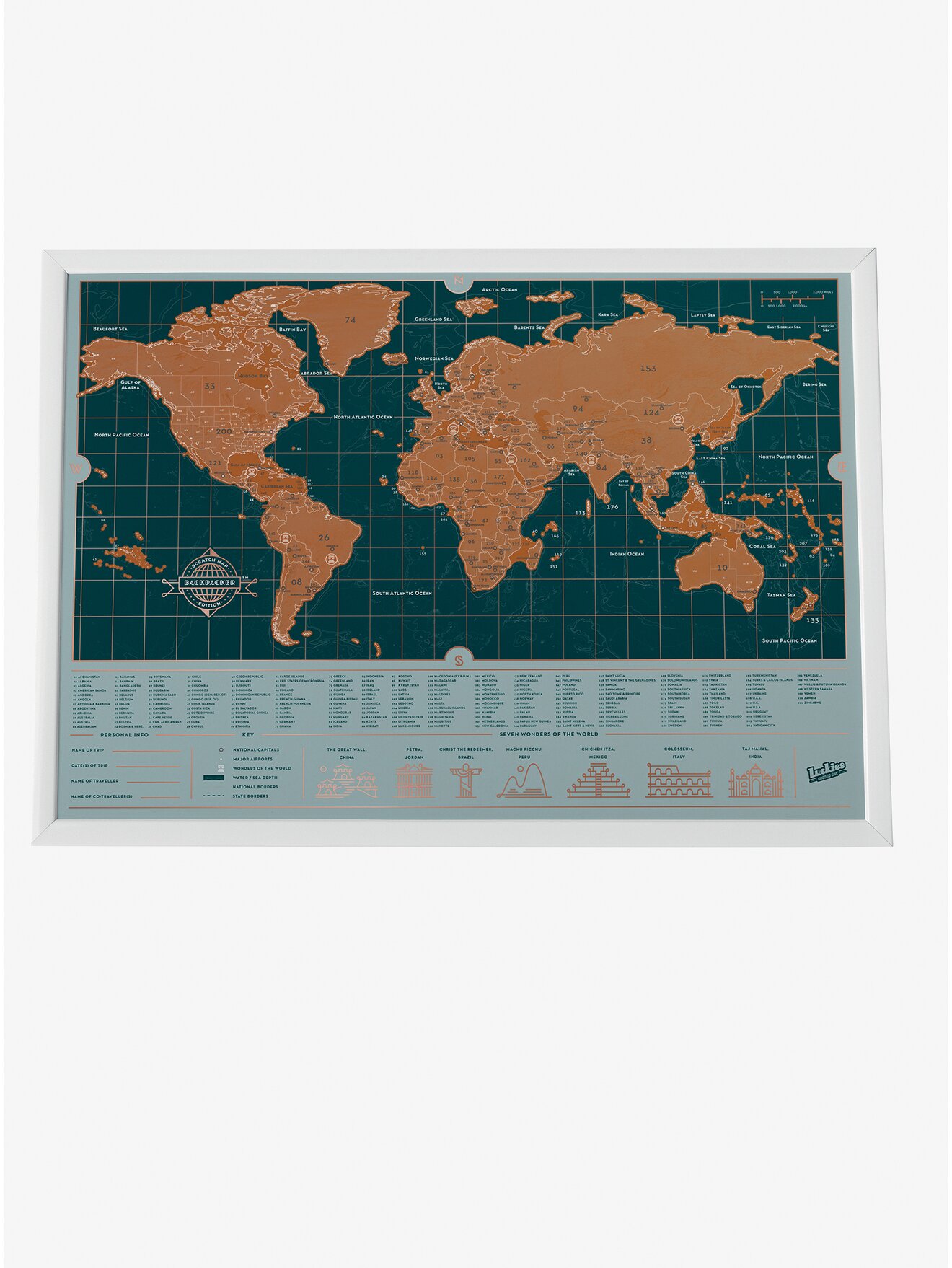 Hnědo-petrolejová stírací mapa Luckies Backpacker