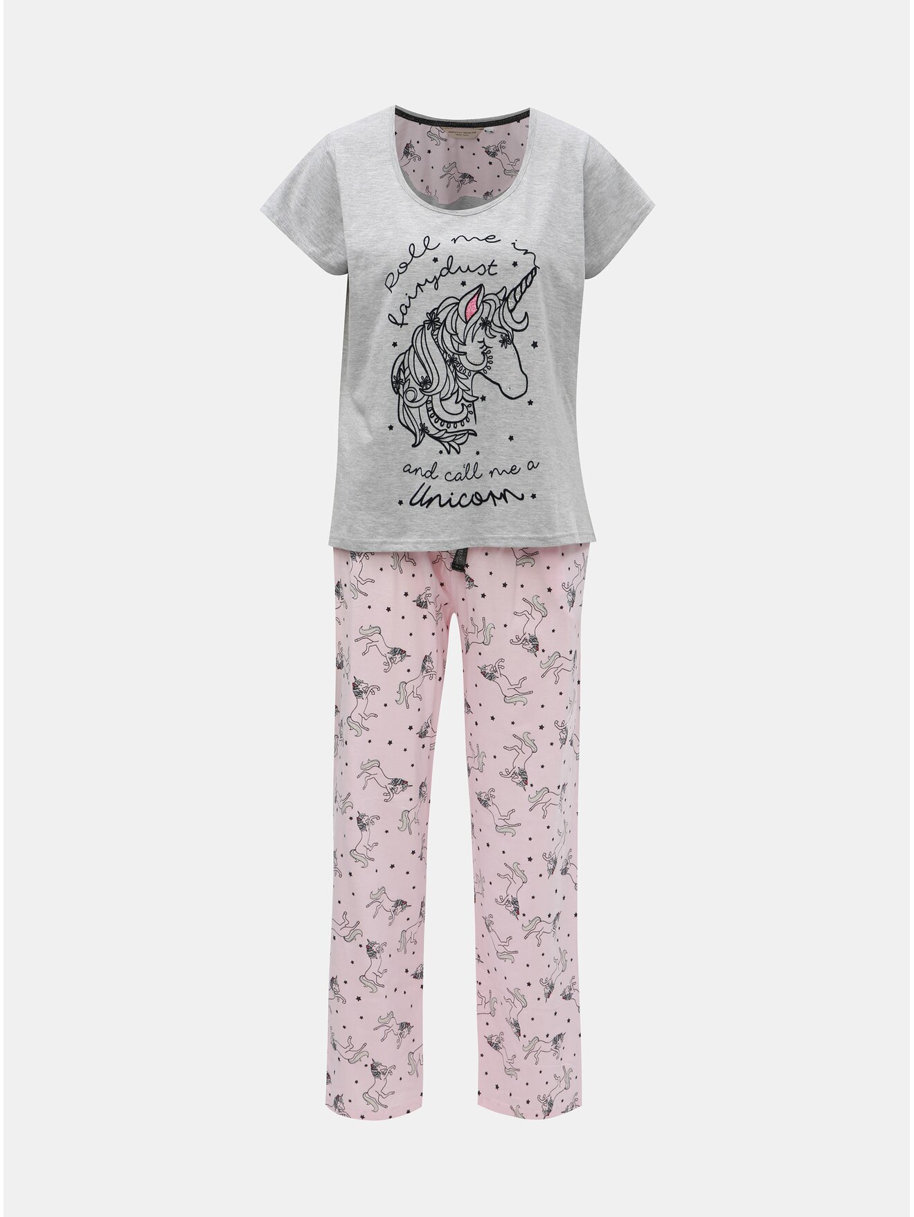 Šedo-růžové dvoudílné pyžamo s motivem jednorožce a sametovými detaily Dorothy Perkins