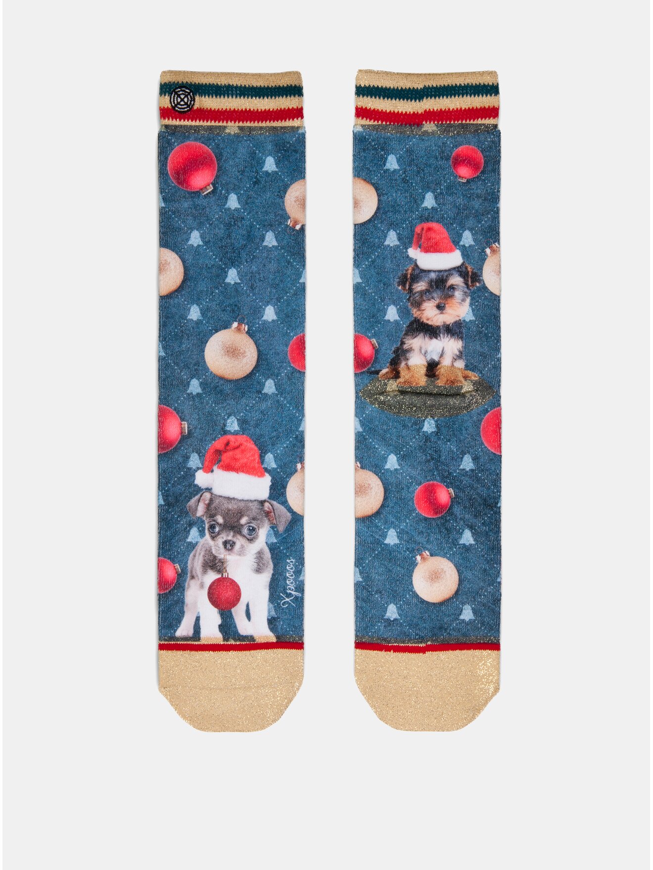 Červeno-modré dámské ponožky s motivem štěňátek v čepici Santa Clause XPOOOS