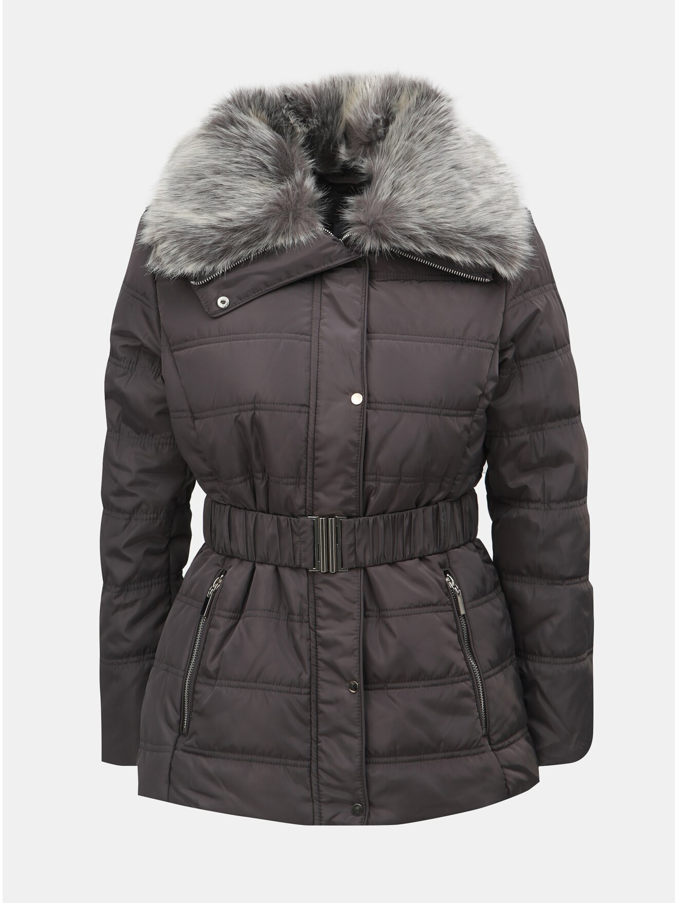 Šedá zimní bunda s odnímatelným límcem z umělé kožešiny Dorothy Perkins