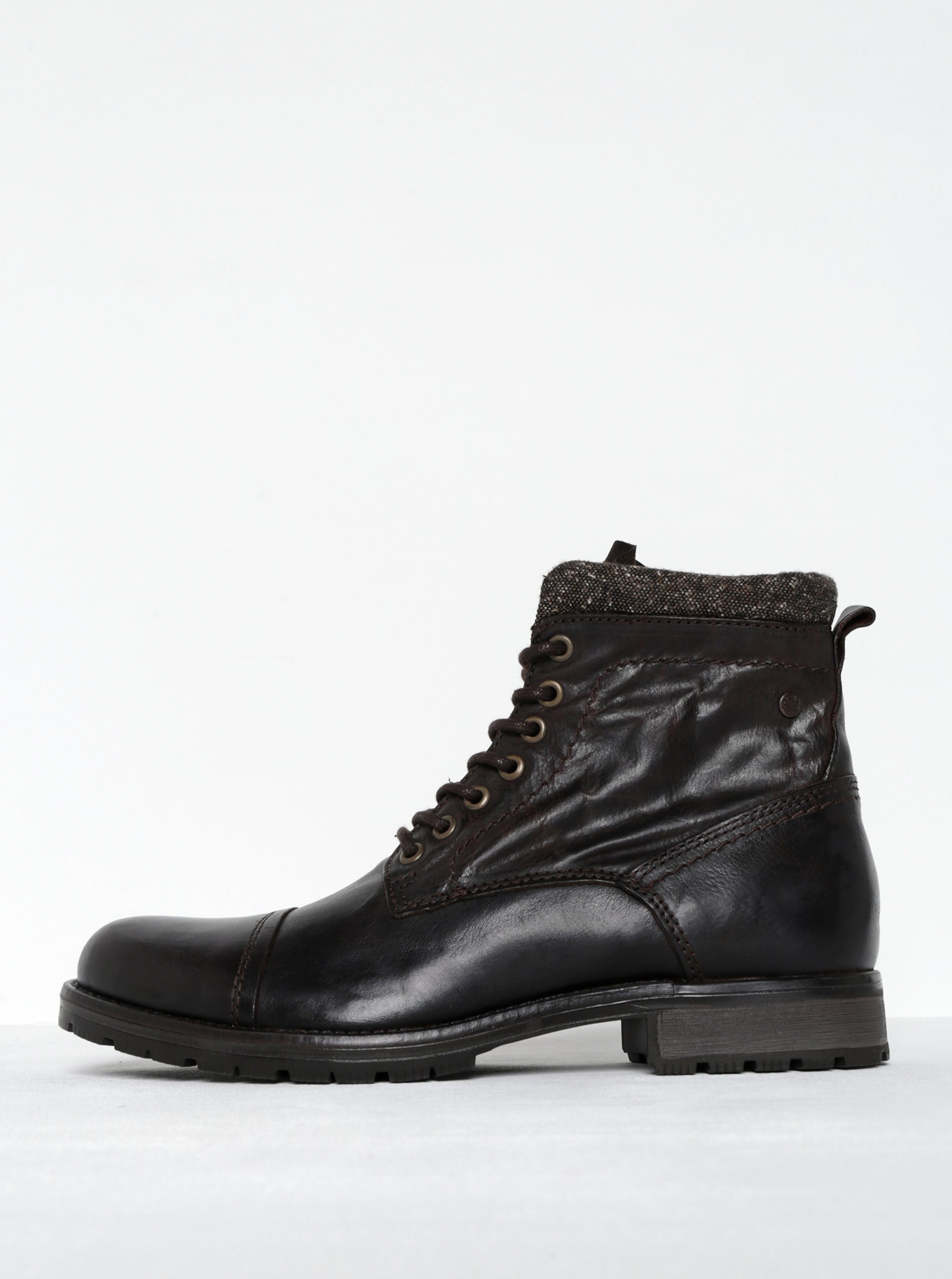 Tmavě hnědé pánské kožené kotníkové boty se zipem Jack & Jones Marly