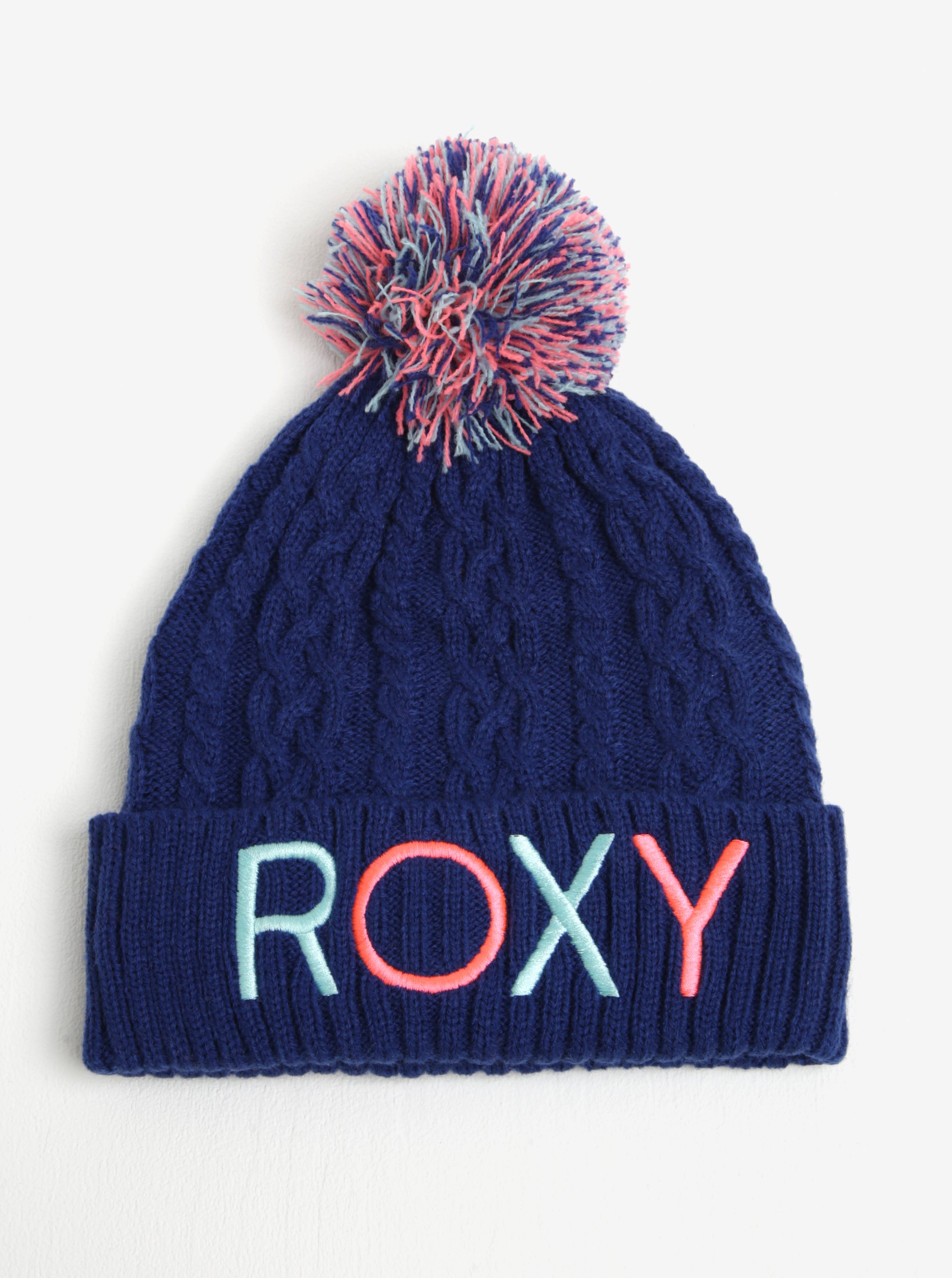 Modrá holčičí pletená čepice s bambulí a výšivkou Roxy Baylee Modrá holčičí pletená čepice s bambulí a výšivkou Roxy Baylee