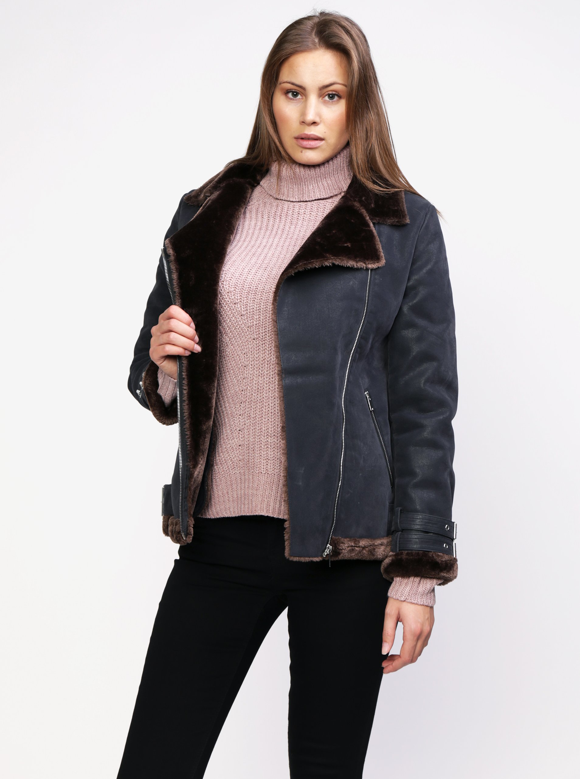 Tmavě šedý zimní koženkový křivák s umělým kožíškem MISSGUIDED