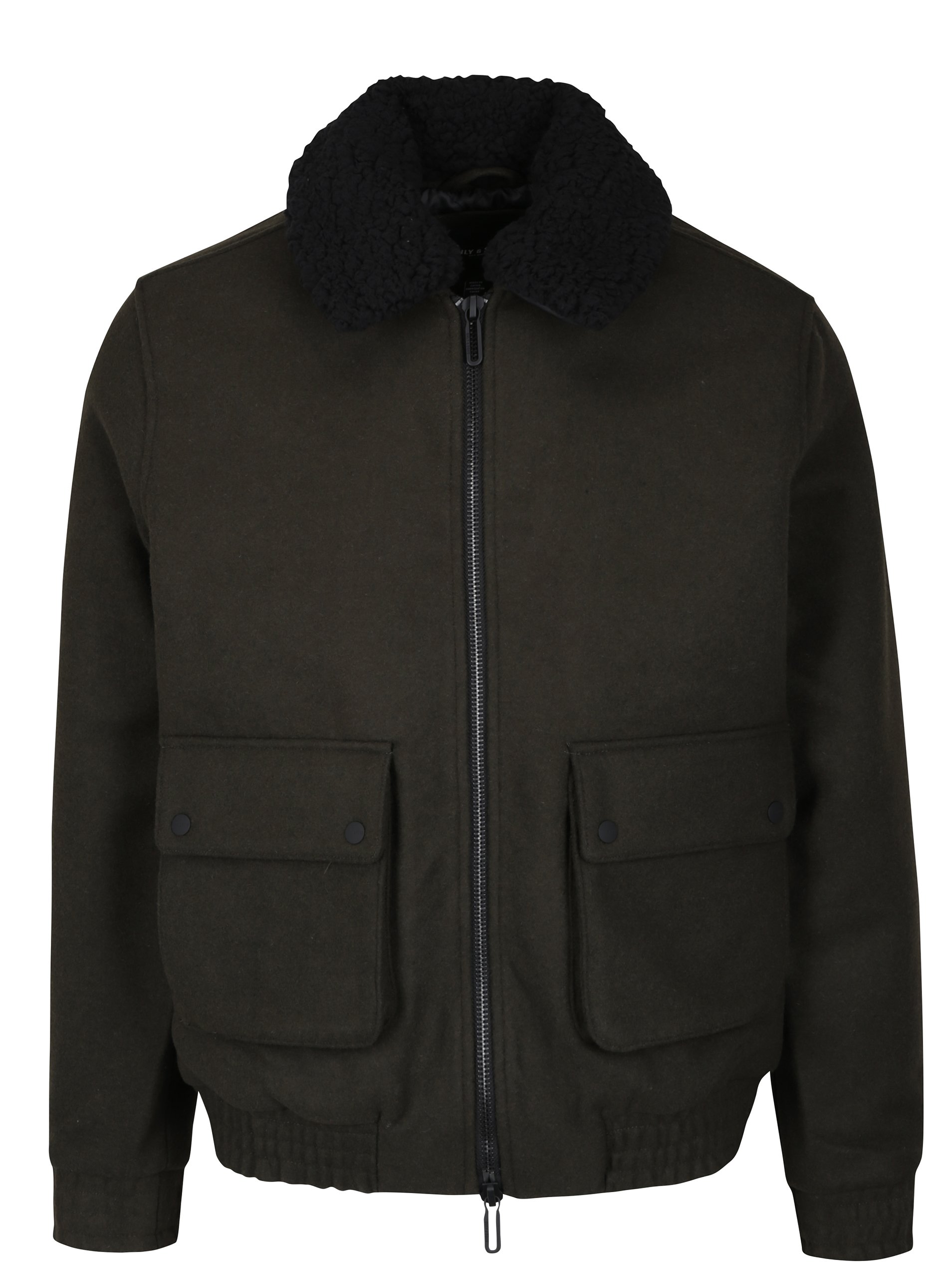 Khaki zimní vlněná bunda s umělou kožešinou ONLY & SONS Simon