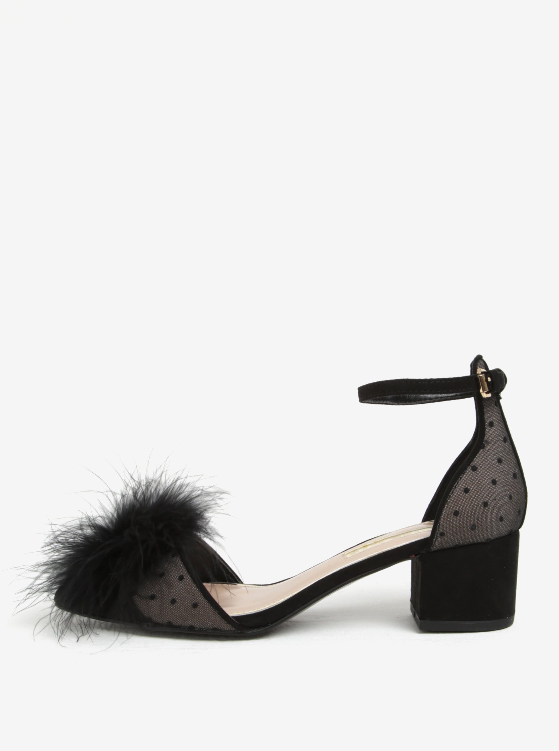 černé puntíkované sandálky na podpatku s peřím na špičce Miss KG Eleri