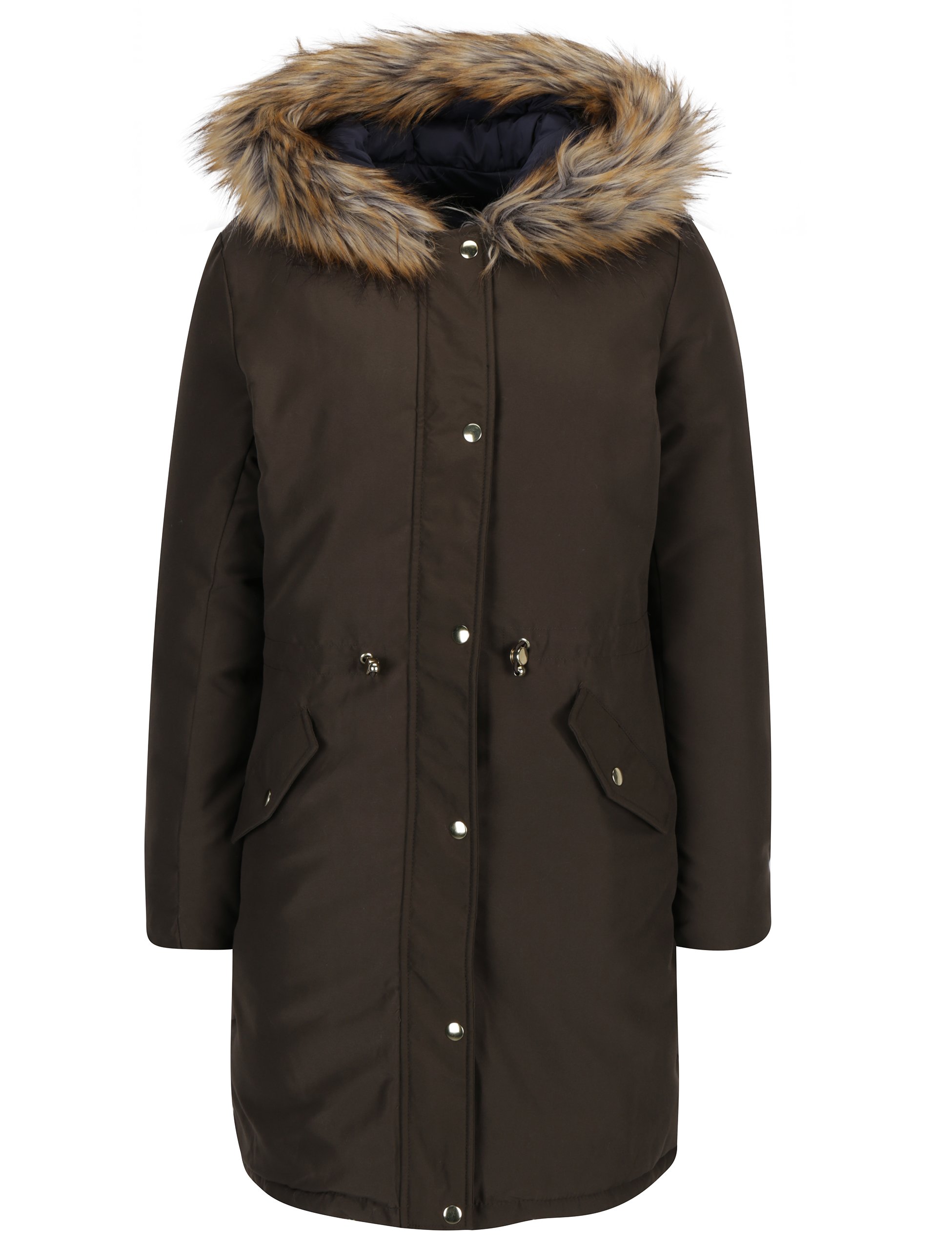 Khaki oboustranný kabát s kapucí s kožíškem Dorothy Perkins