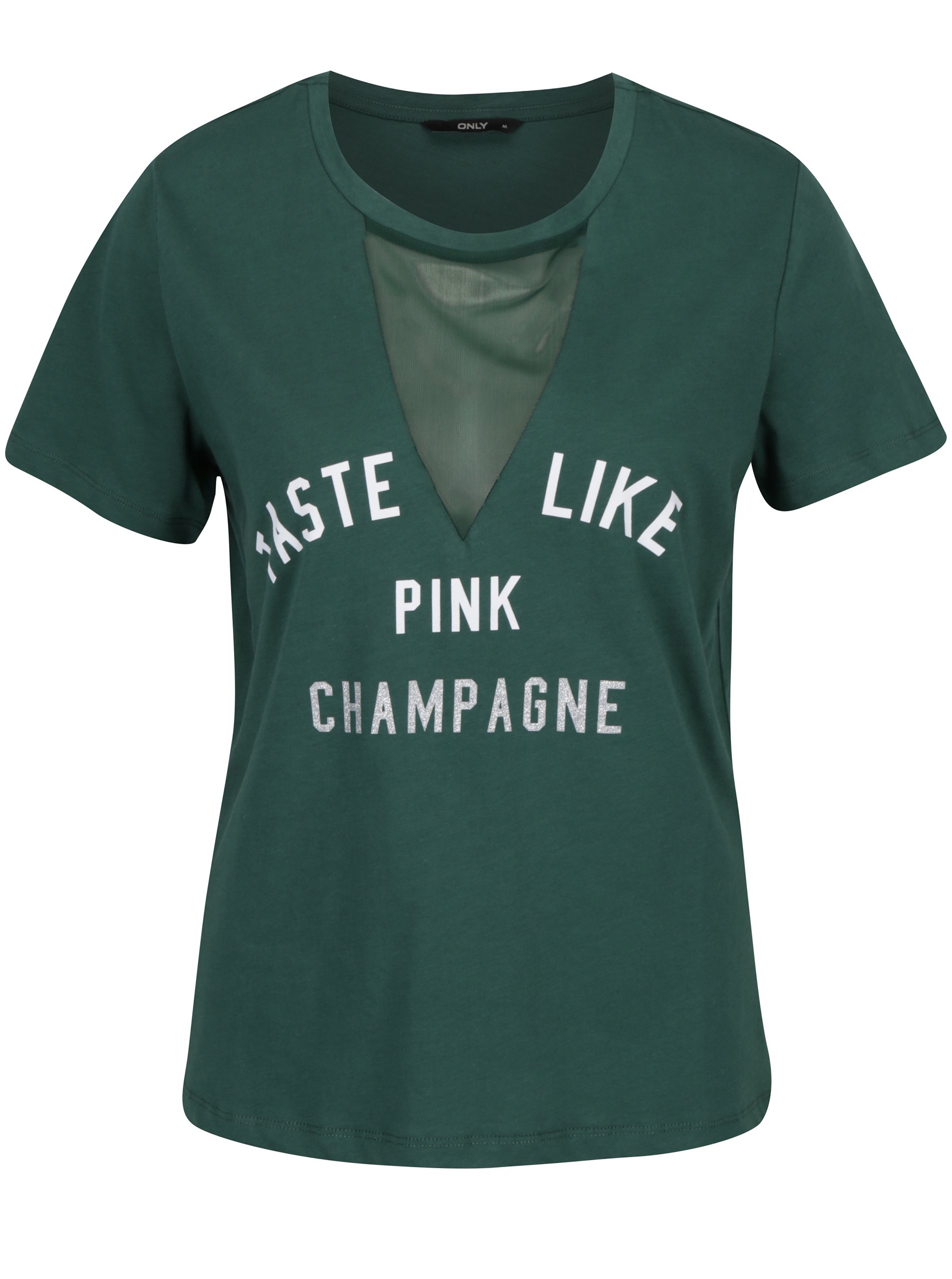 Zelené tričko s potiskem a průsvitným dekoltem ONLY Champagne