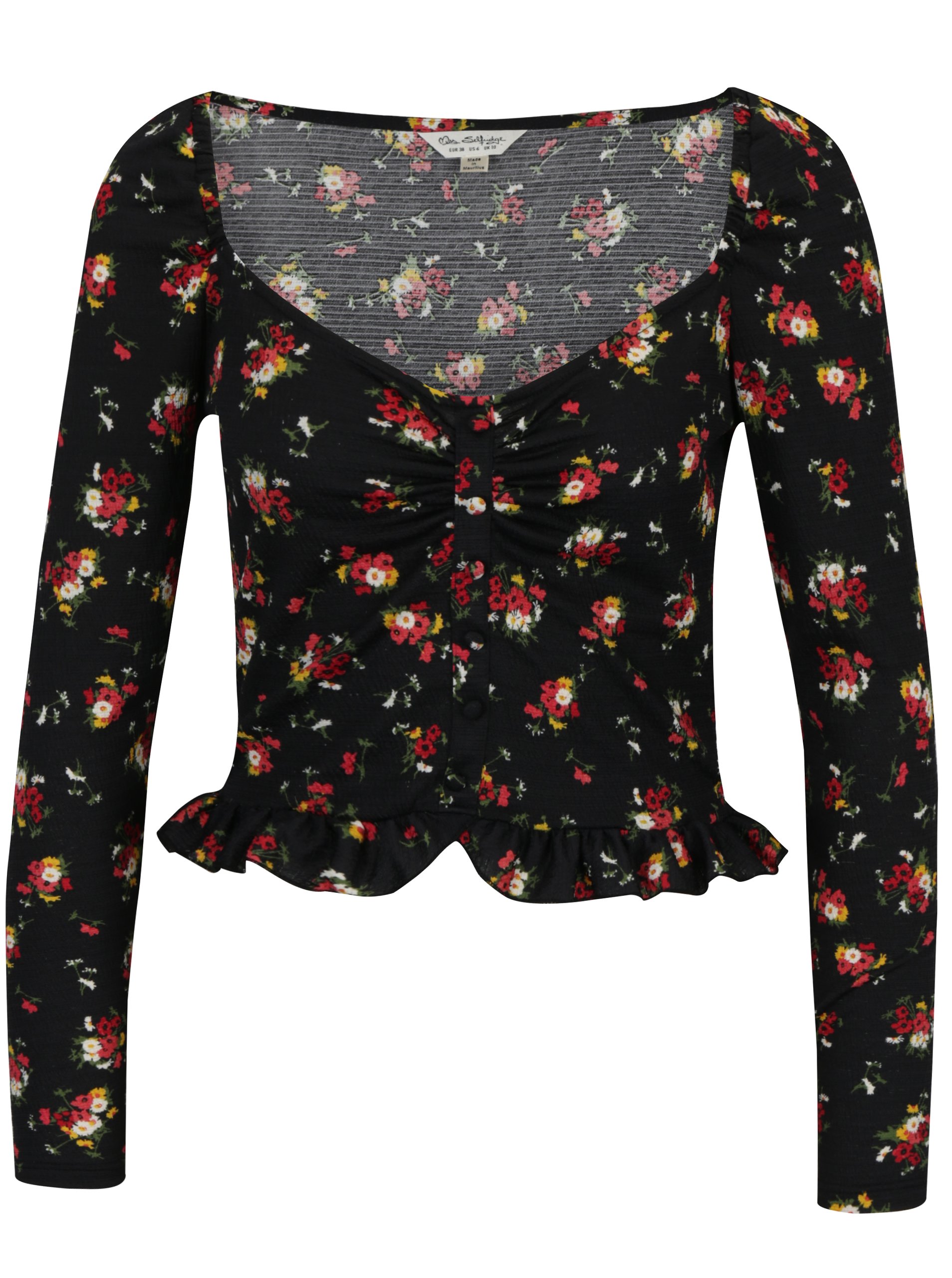 Černý květovaný crop top s volánem Miss Selfridge
