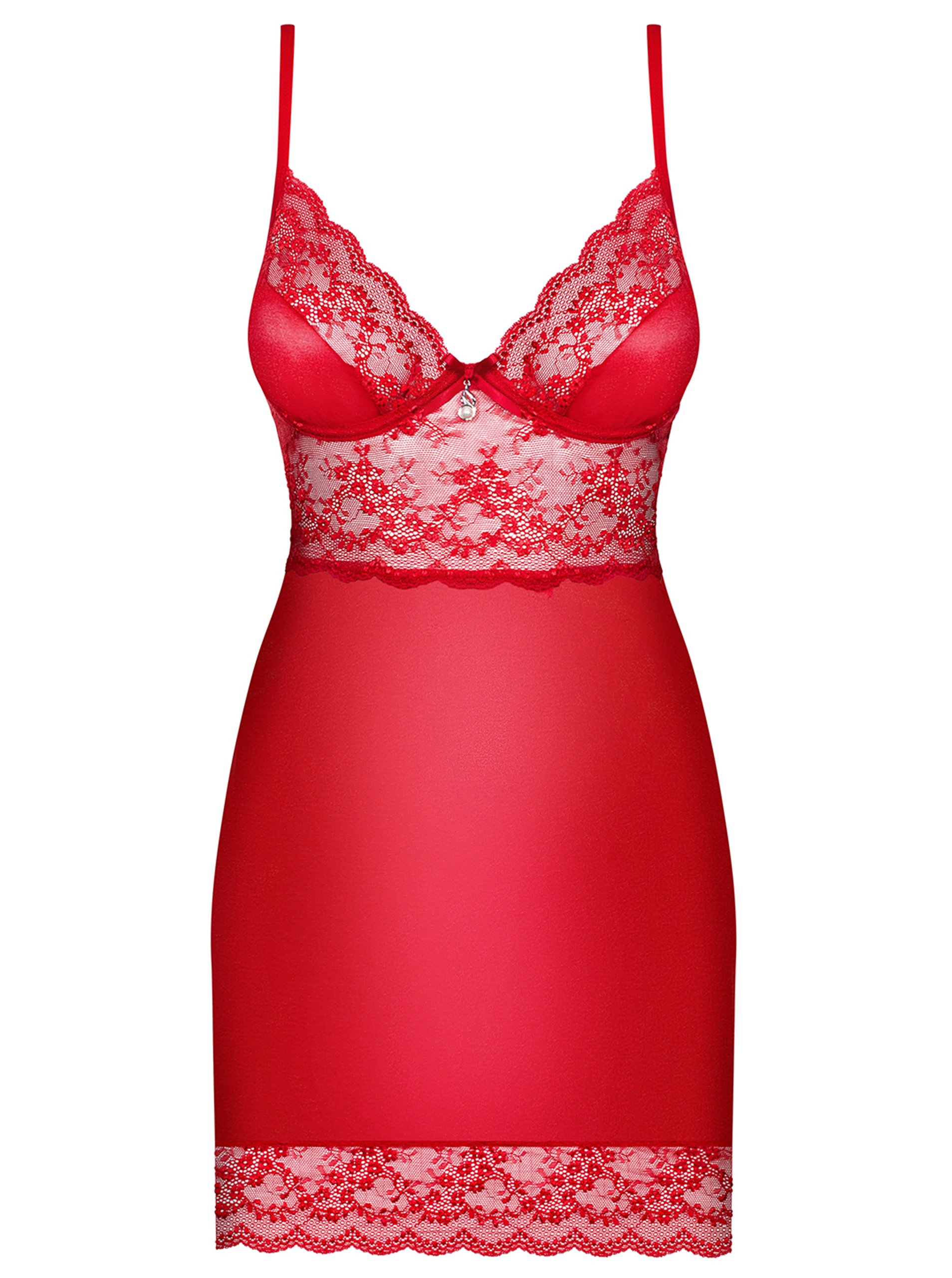 Set lesklé noční košilky s krajkou a tang v červené barvě Obsessive Lovica chemise