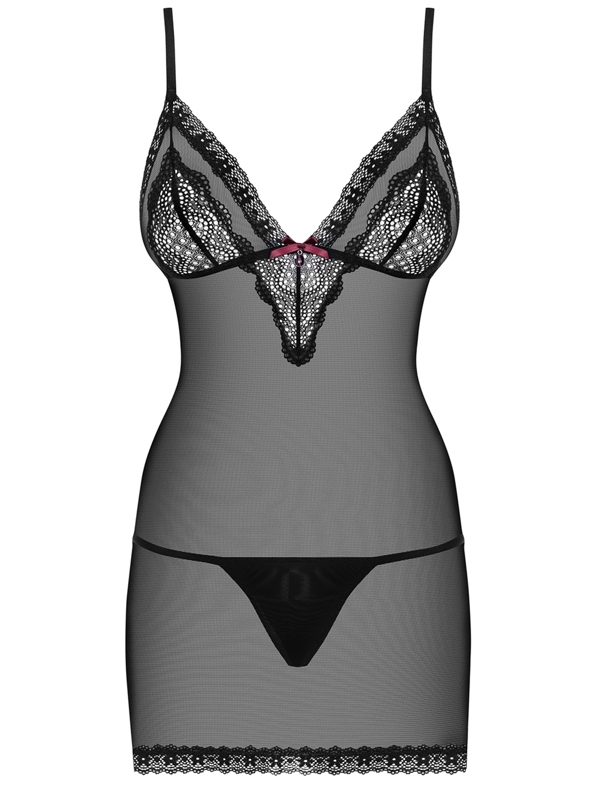 Sada černé průsvitné košilky s krajkou a tang Obsessive Chemise 820
