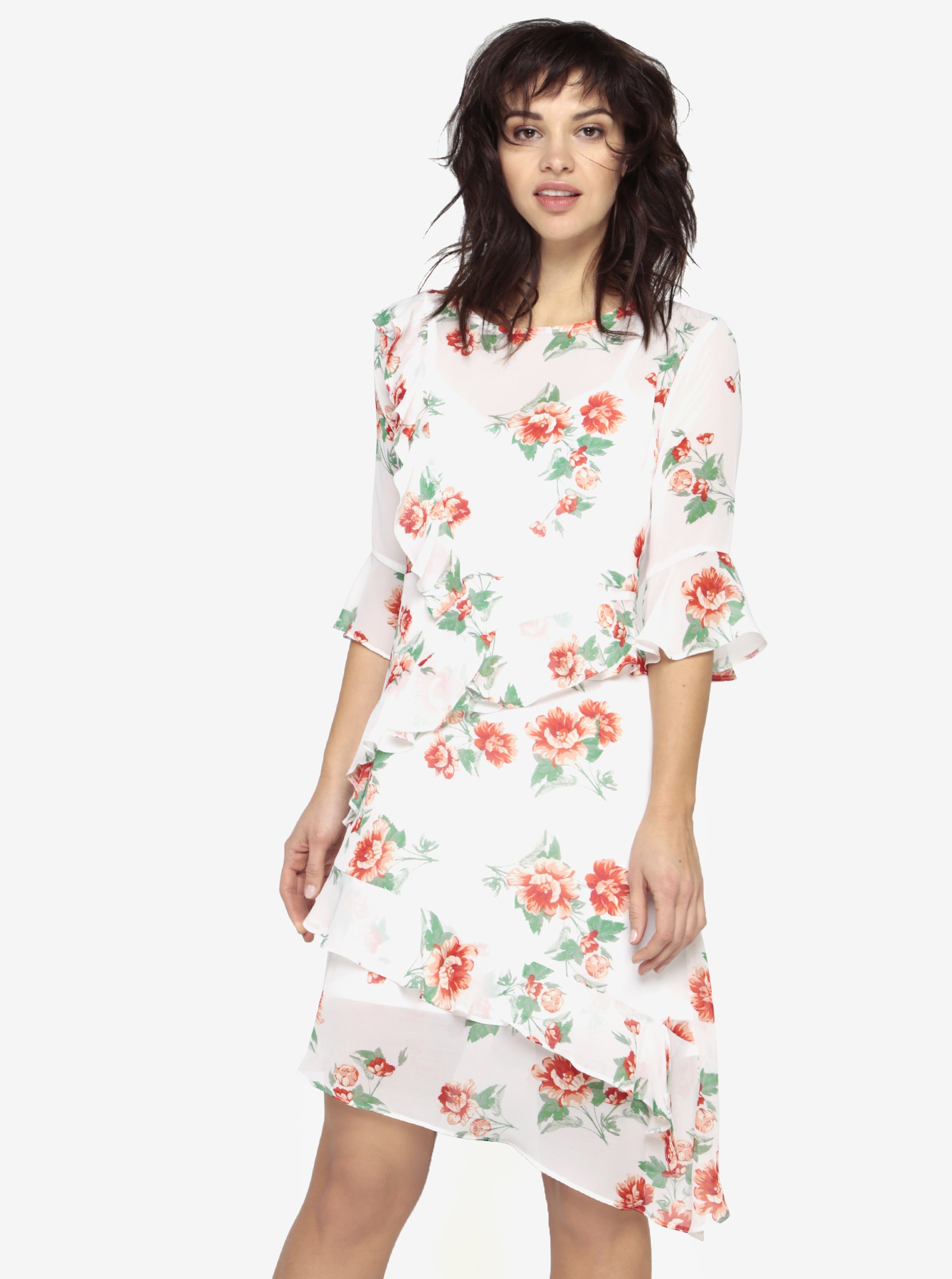 Bílé asymetrické květované šaty s volány Miss Selfridge