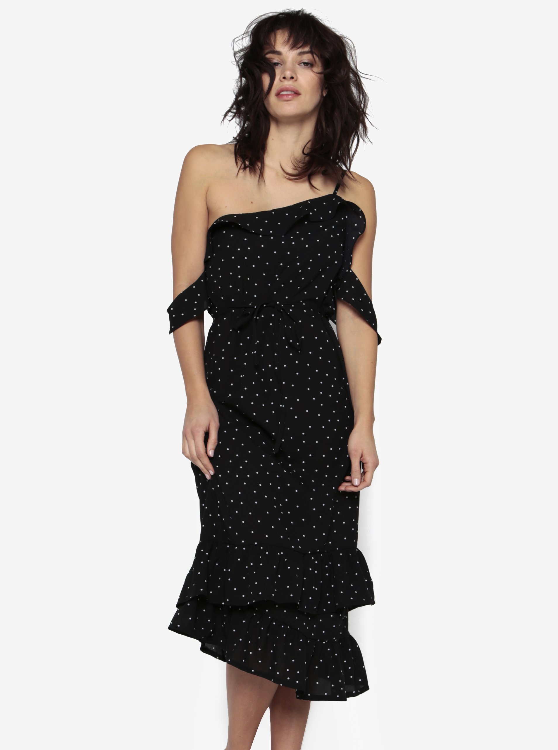 Černé asymetrické průsvitné šaty s volány MISSGUIDED