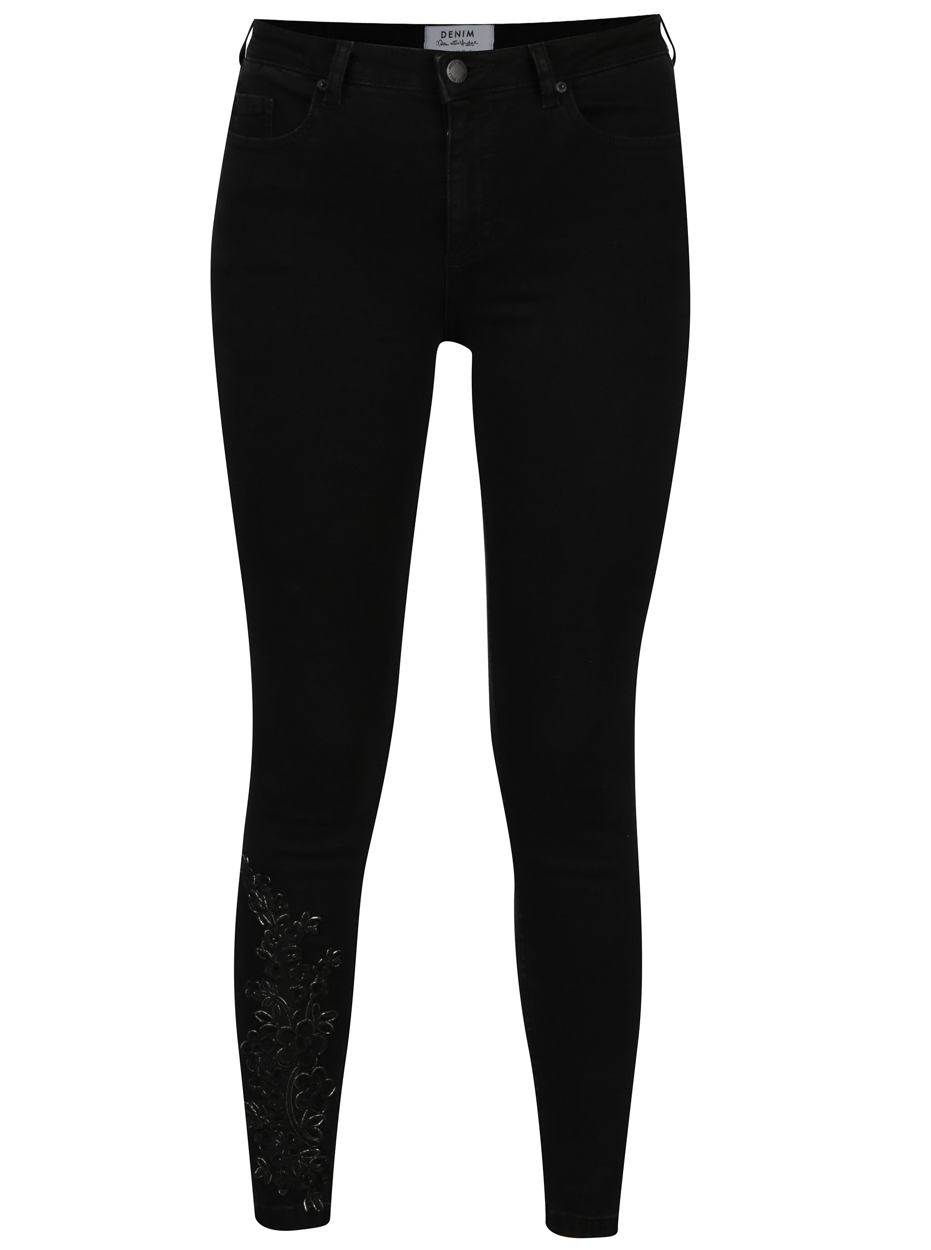 Černé super skinny džíny s výšivkou na nohavici Miss Selfridge