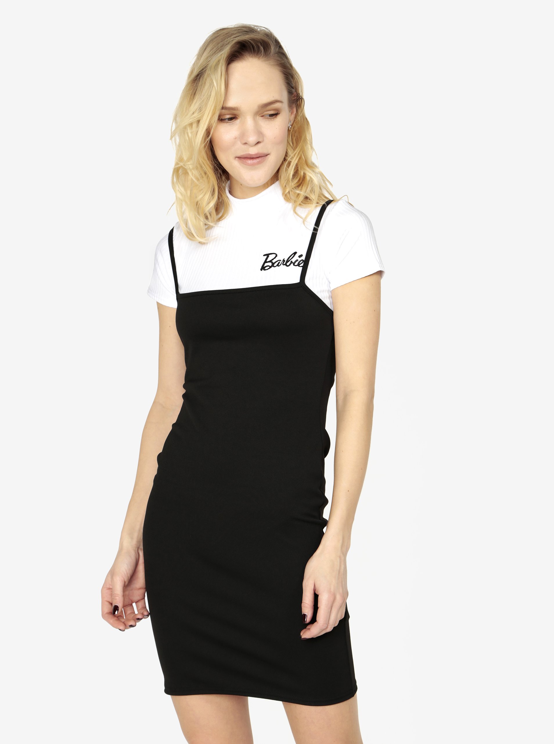 Černé šaty s žebrovaným crop topem 2v1 MISSGUIDED Barbie