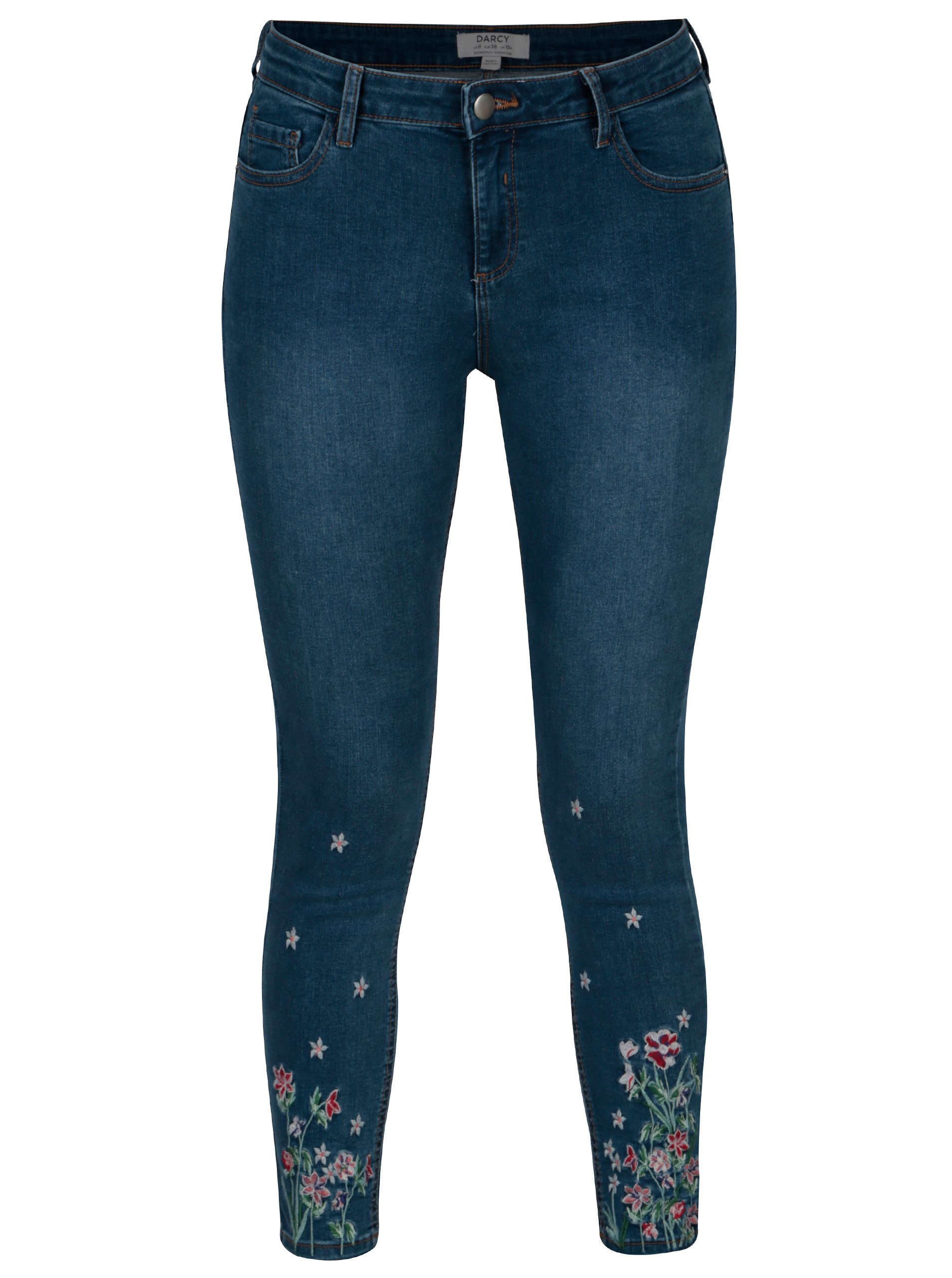 Modré zkrácené regular skinny džíny s vyšívanými květy Dorothy Perkins