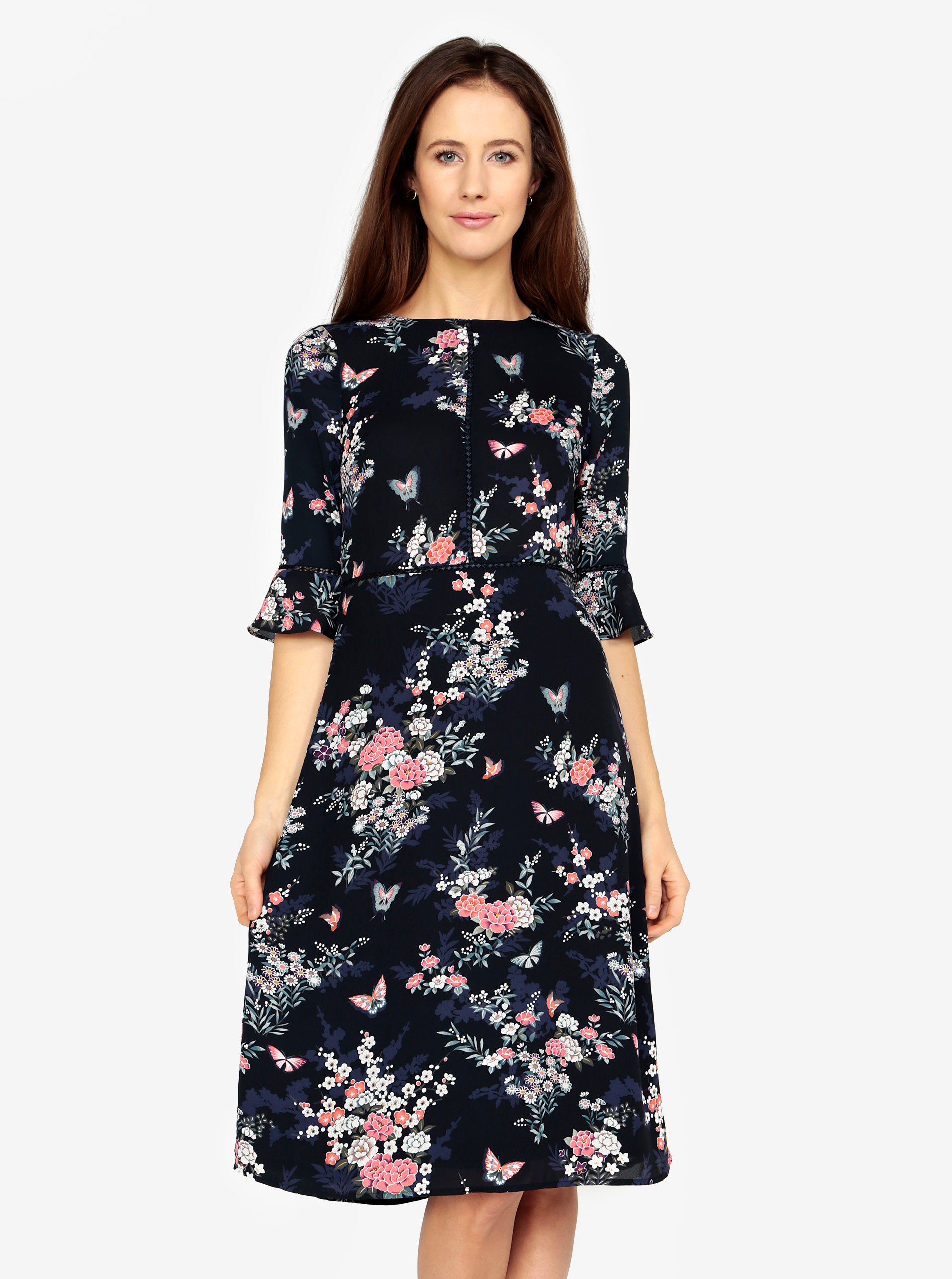 Tmavě modré květované midišaty se zvonovým rukávem Oasis Kimono