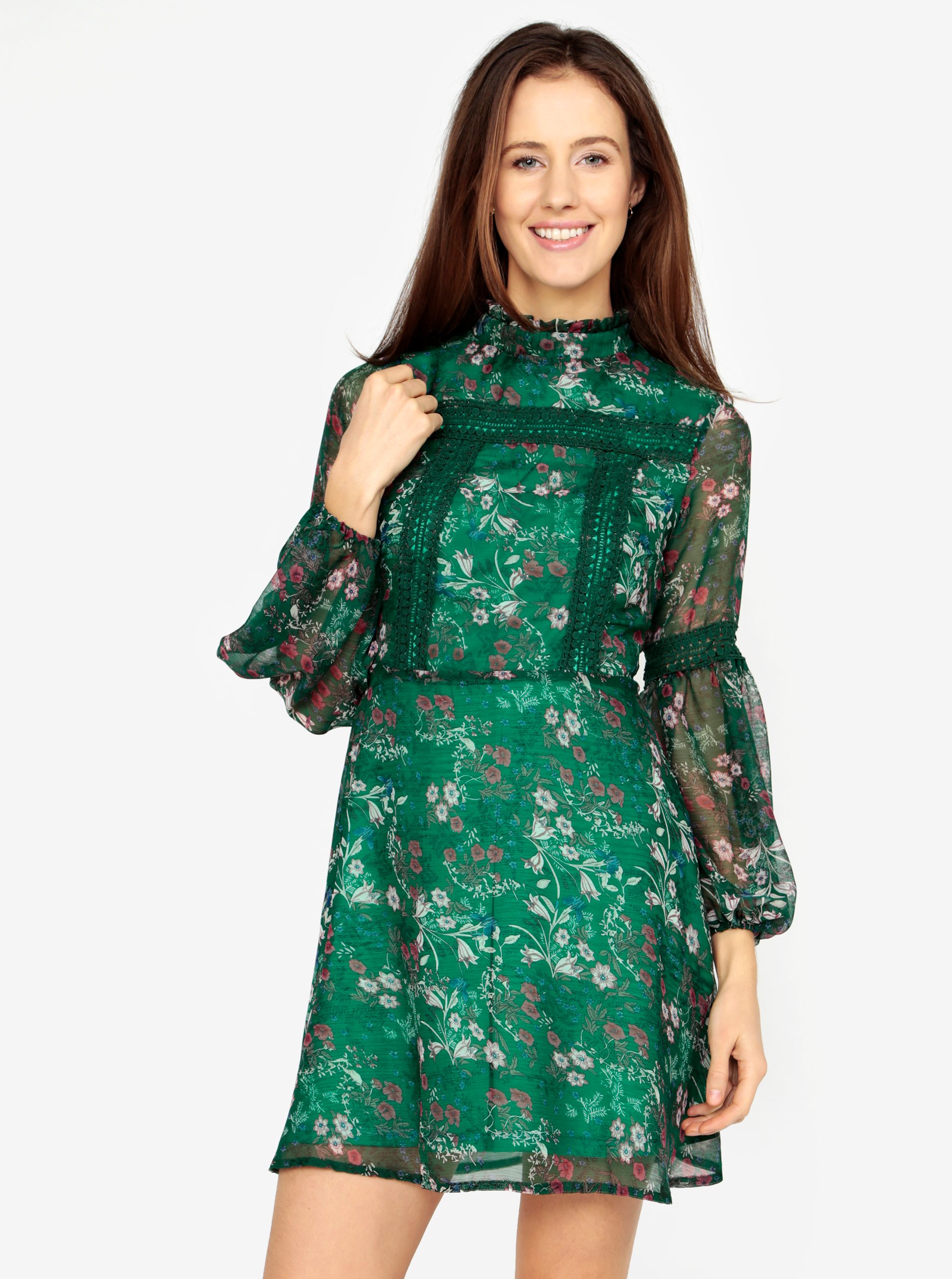 Zelené květované minišaty s dlouhým rukávem MISSGUIDED