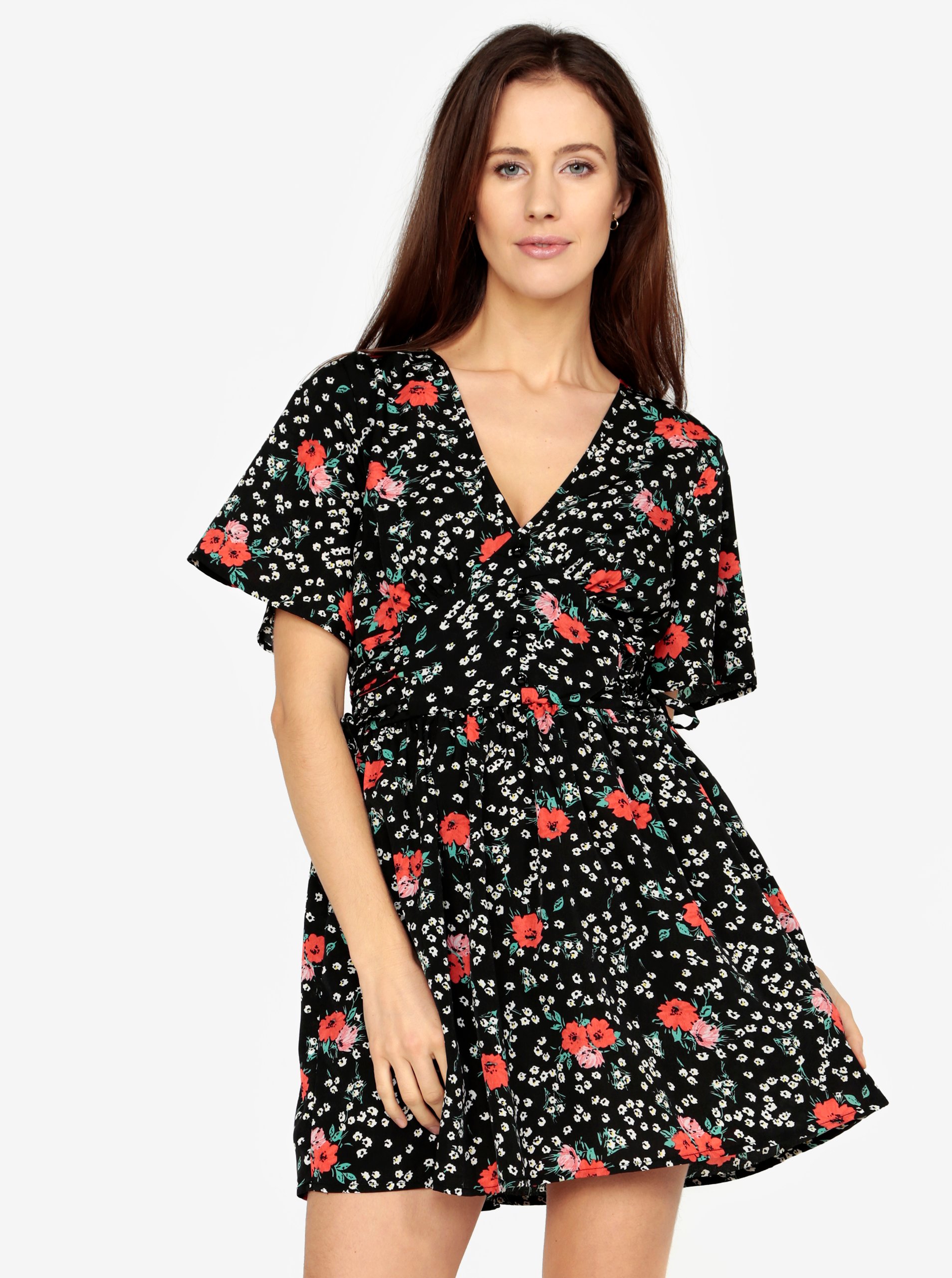 Černé květované minišaty s véčkovým výstřihem MISSGUIDED