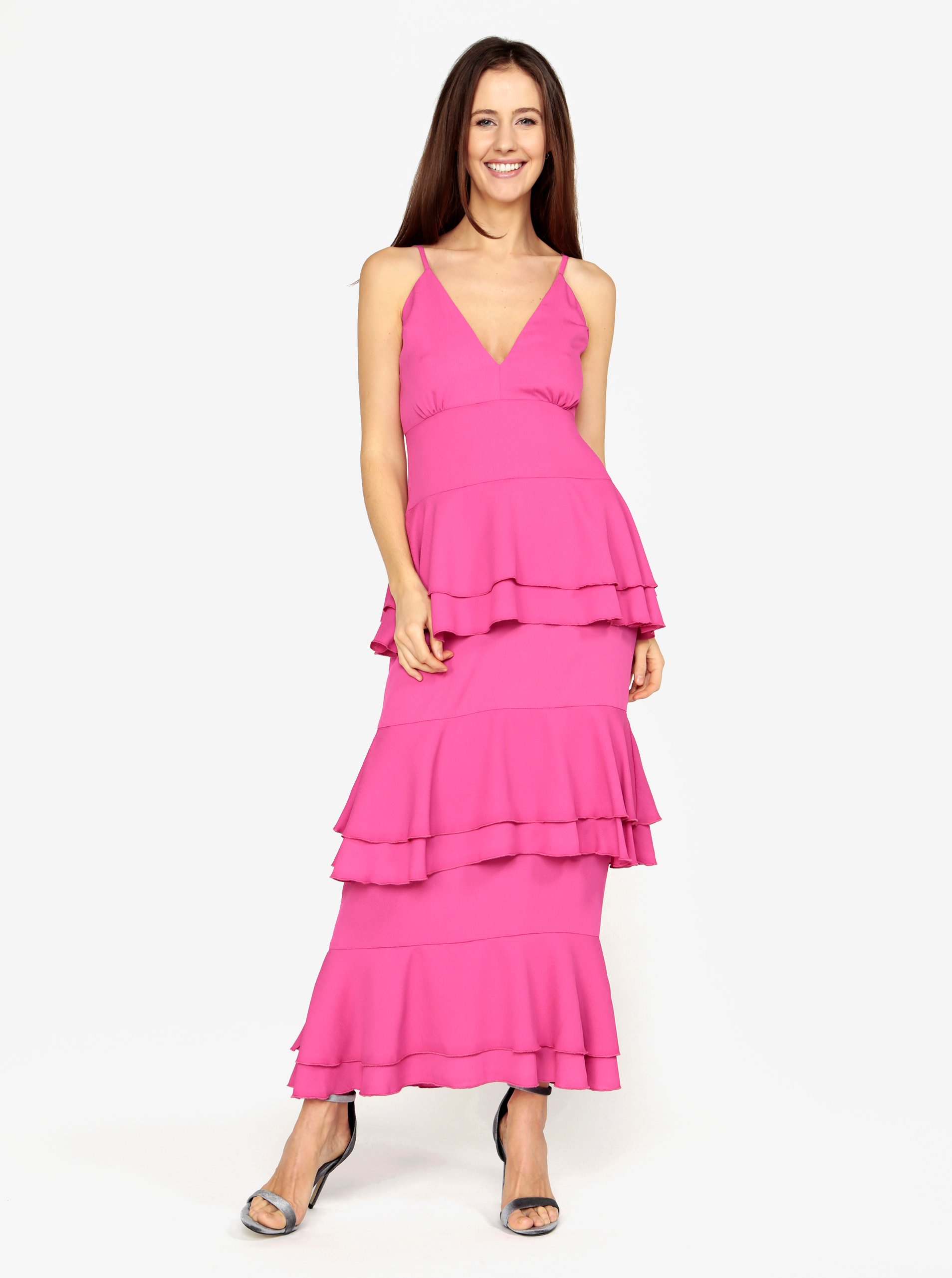 Růžové maxišaty s volány MISSGUIDED