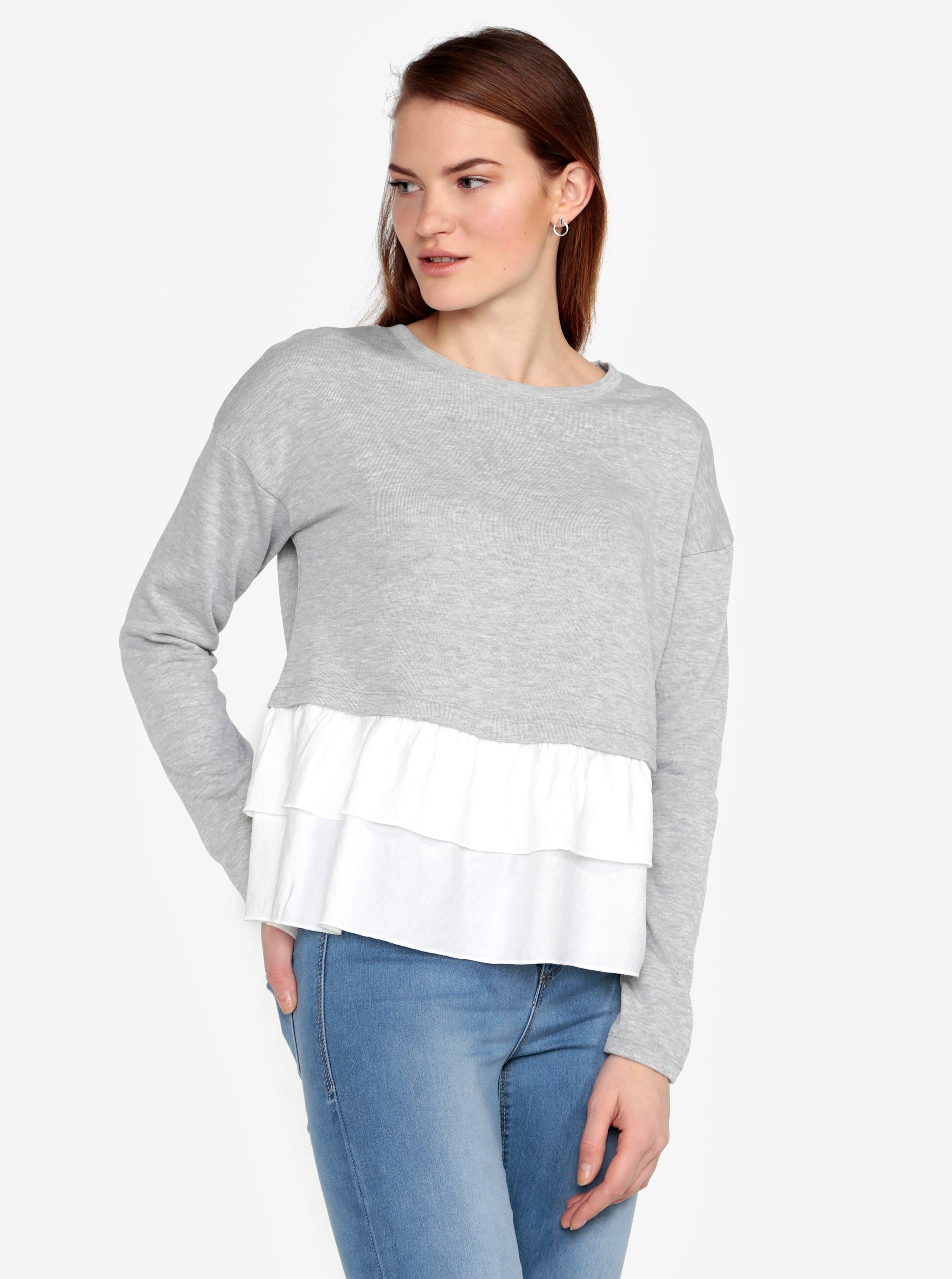 Světle šedá mikina s všitým volánem VERO MODA Rikke