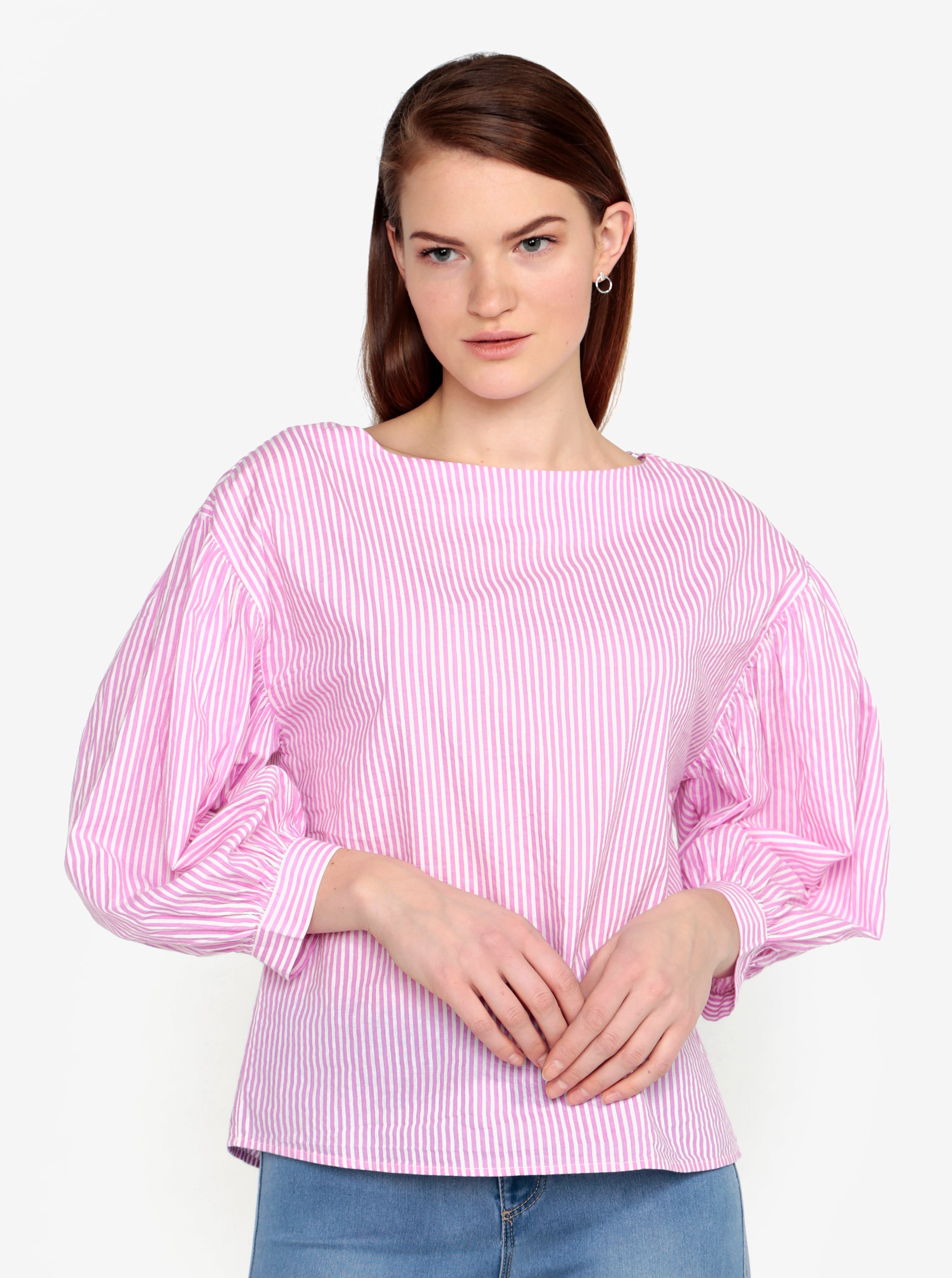 Růžová pruhovaná halenka s balonovými rukávy VERO MODA Minnie