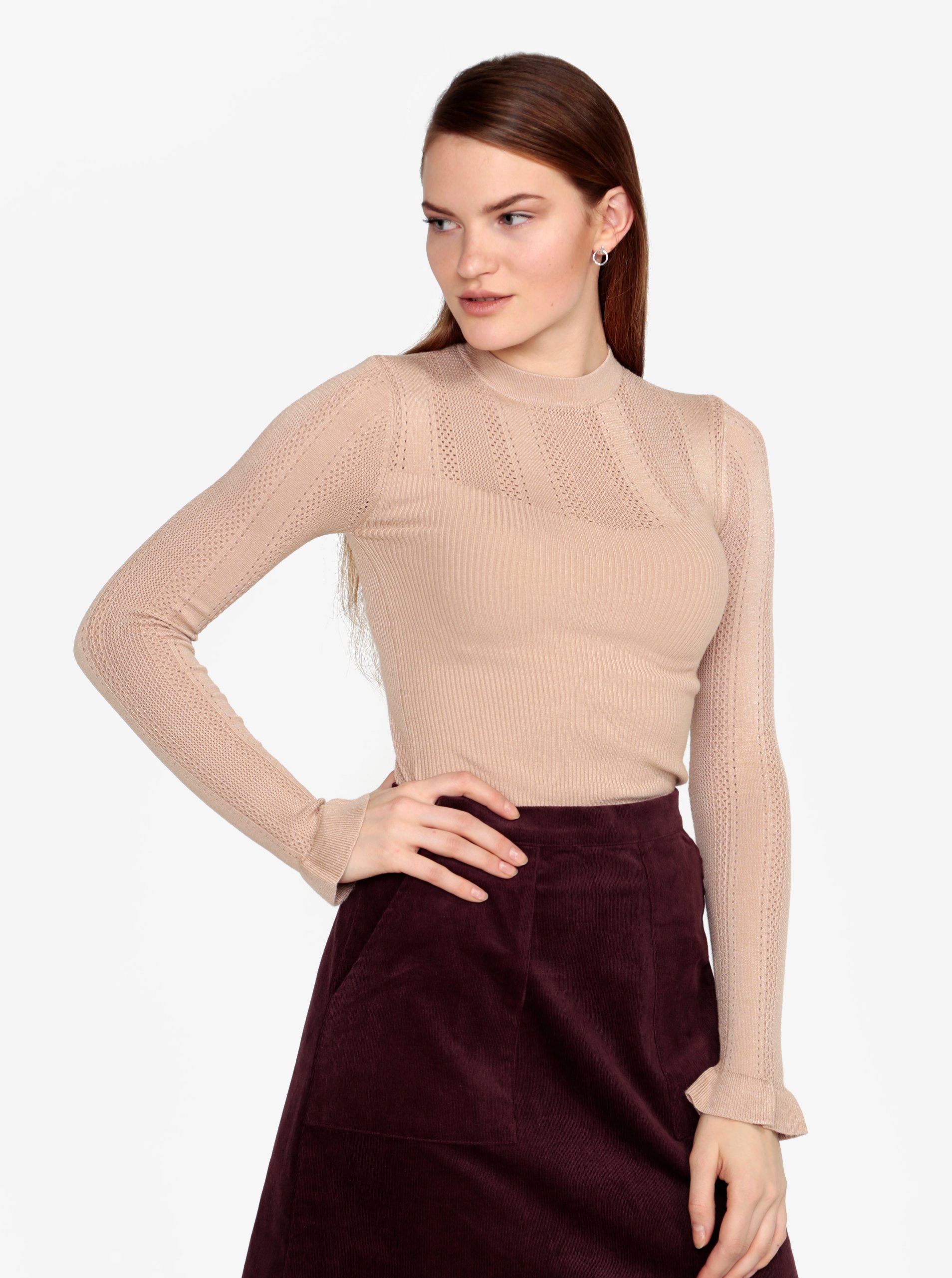 Béžový žebrovaný svetr s volánem na rukávu Miss Selfridge