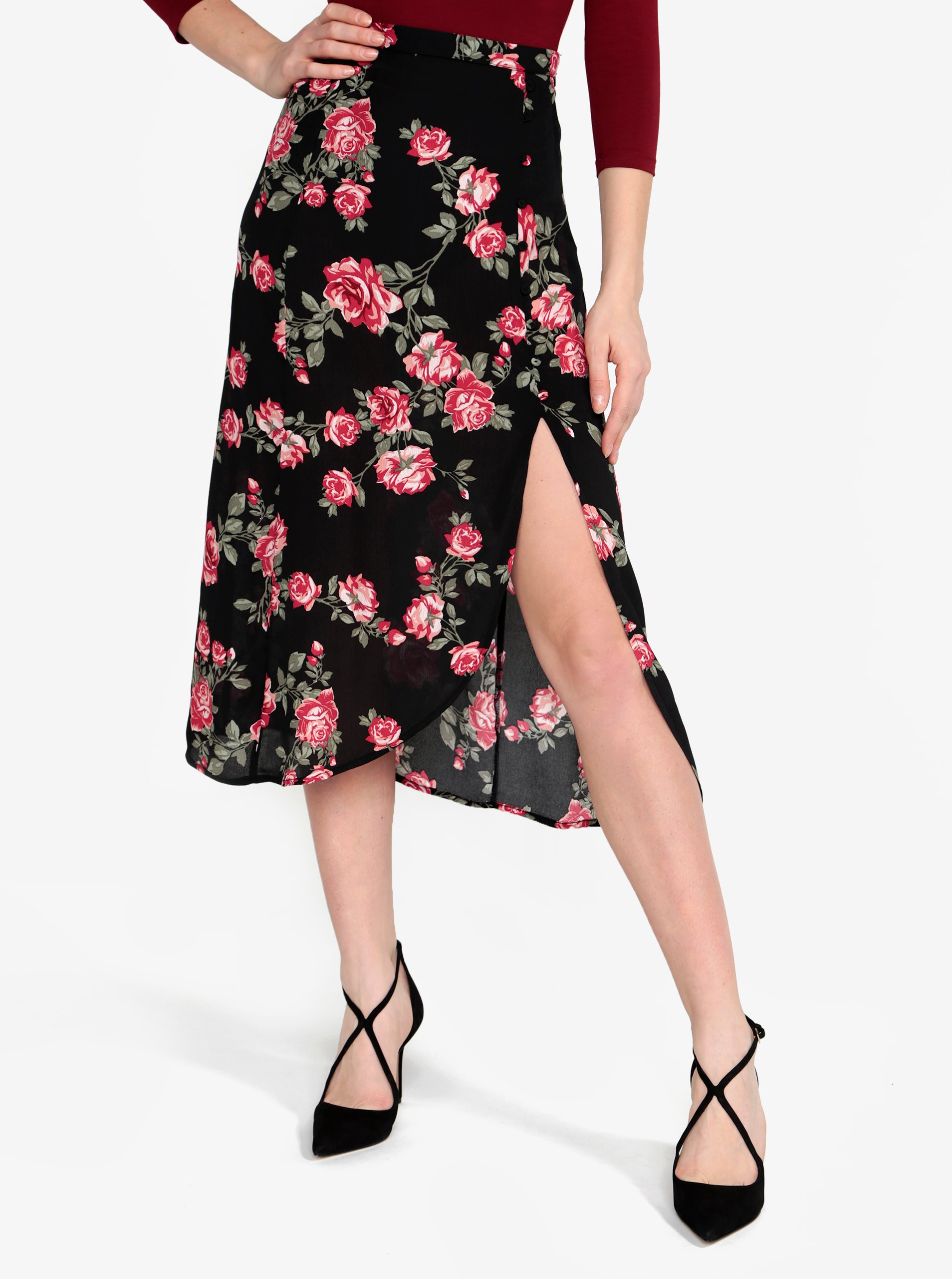 Černá květovaná průsvitná sukně s rozparkem Miss Selfridge