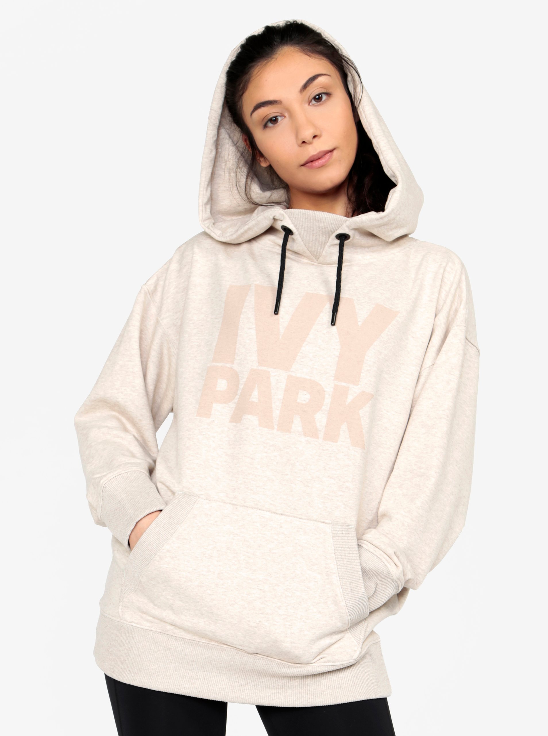 Béžová žíhaná oversize mikina s kapucí a potiskem Ivy Park