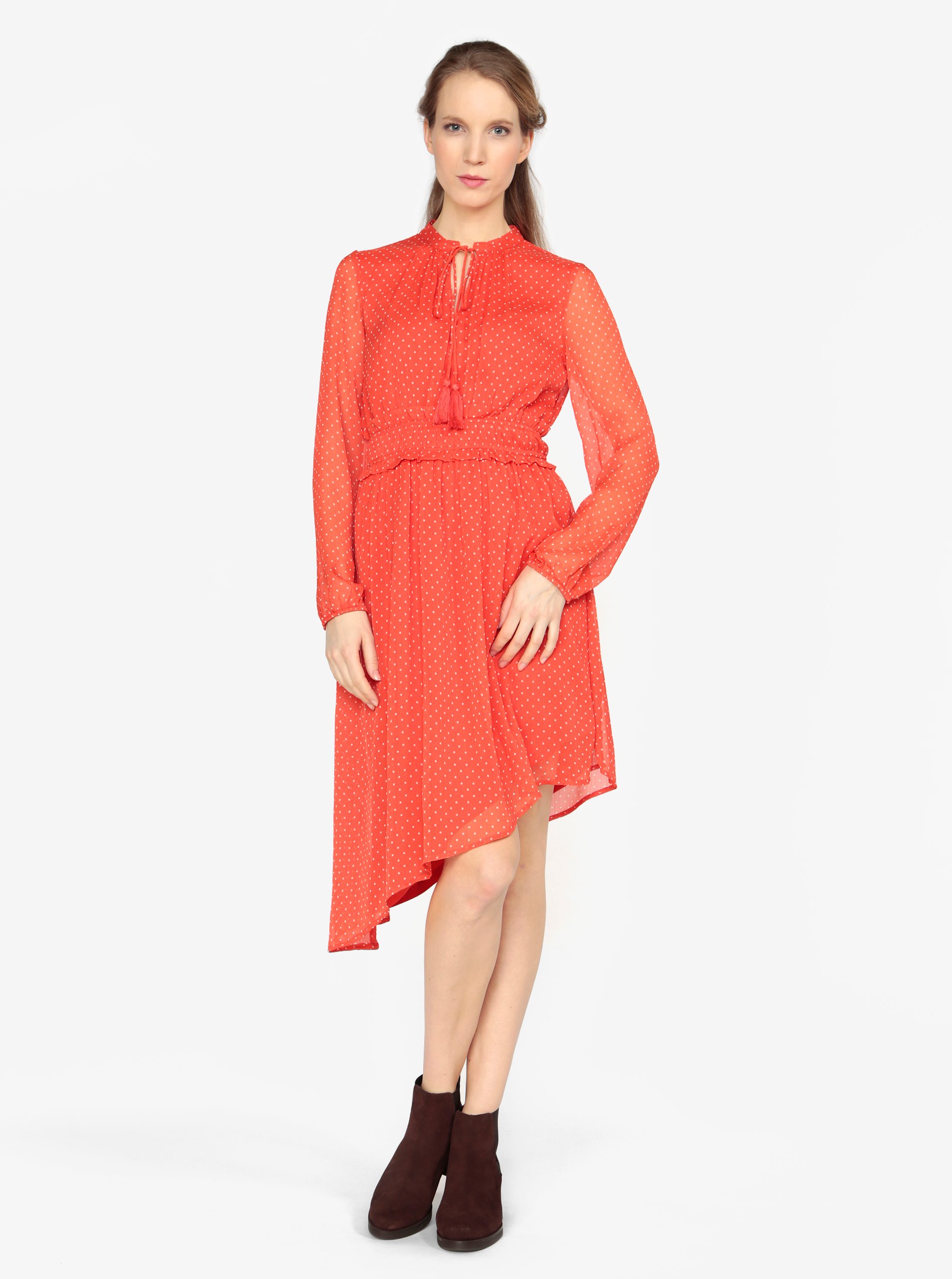 Červené asymetrické šaty s dlouhým rukávem VERO MODA Lotta