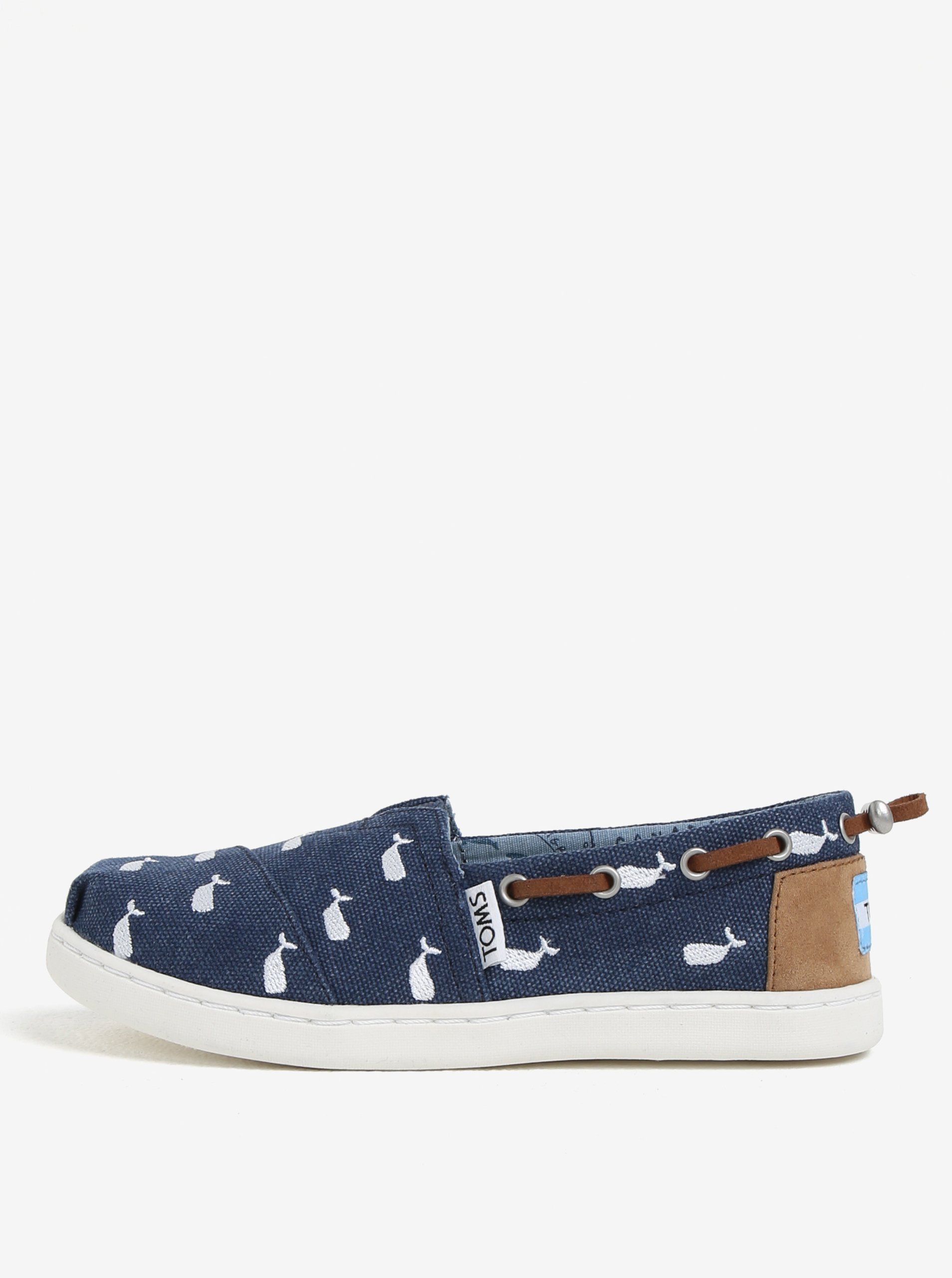 Tmavě modré klučičí slip on s motivem velryb TOMS