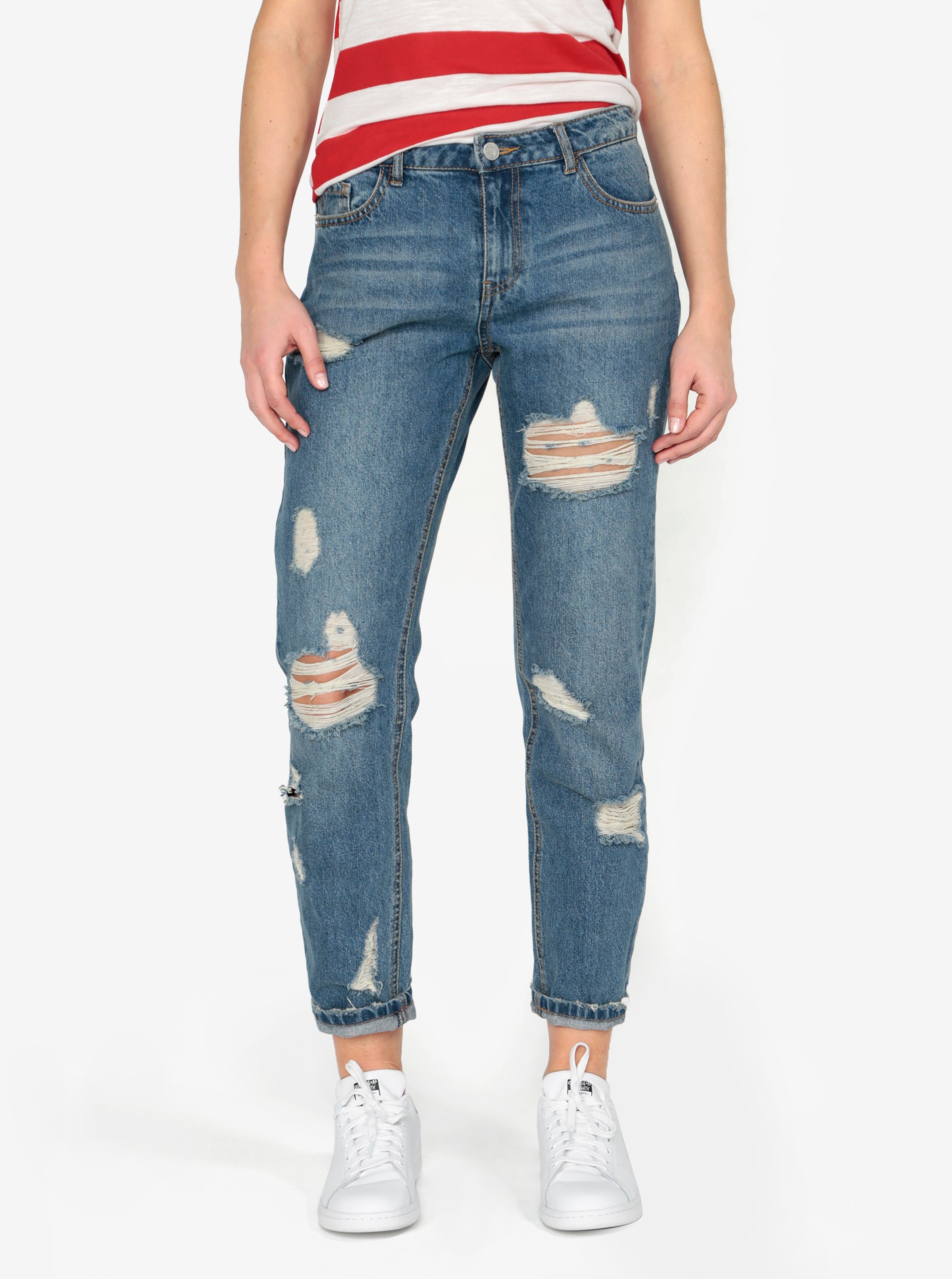 Modré zkrácené boyfriend džíny s potrhaným efektem MISSGUIDED