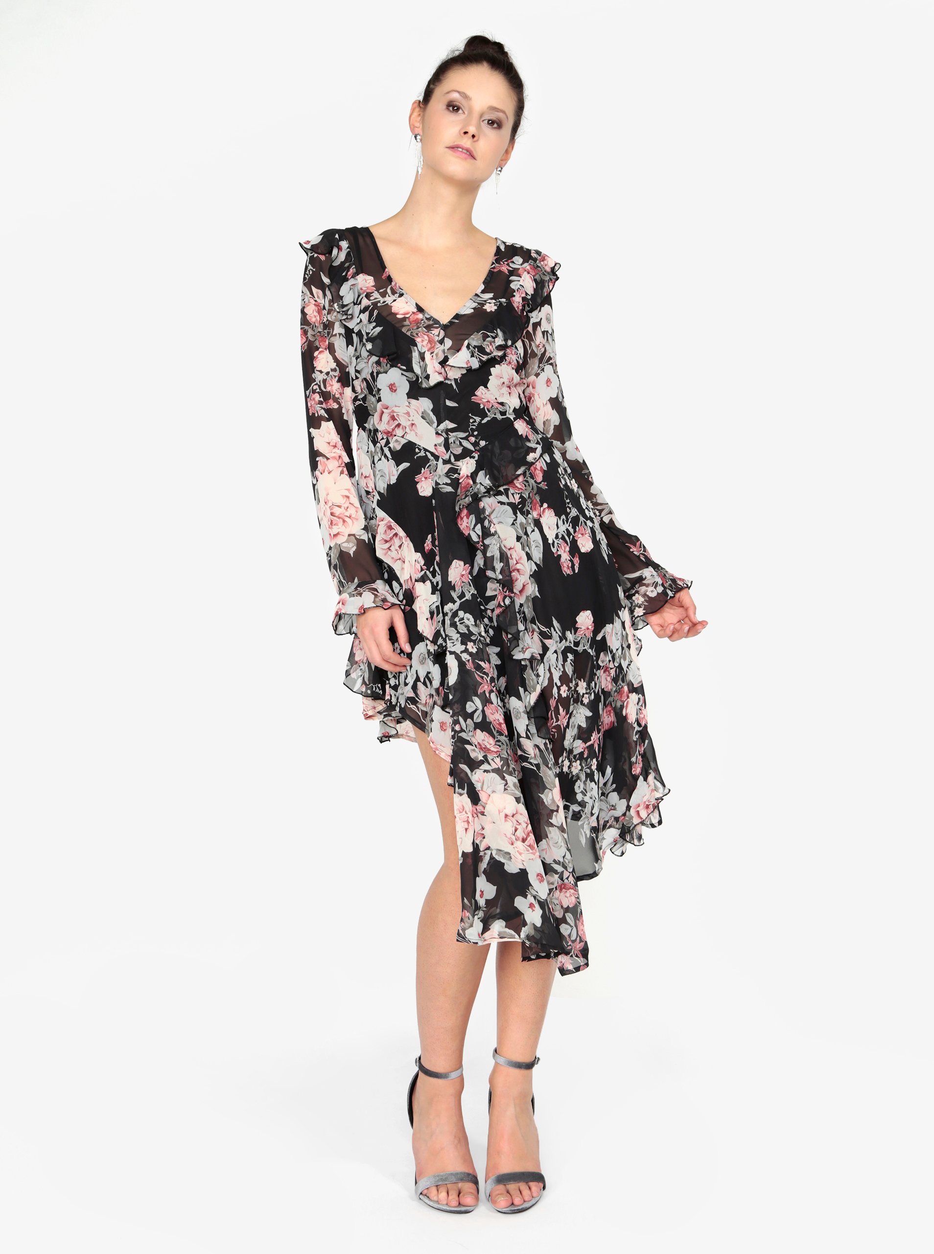 Černé šaty s dlouhým rukávem a volány MISSGUIDED