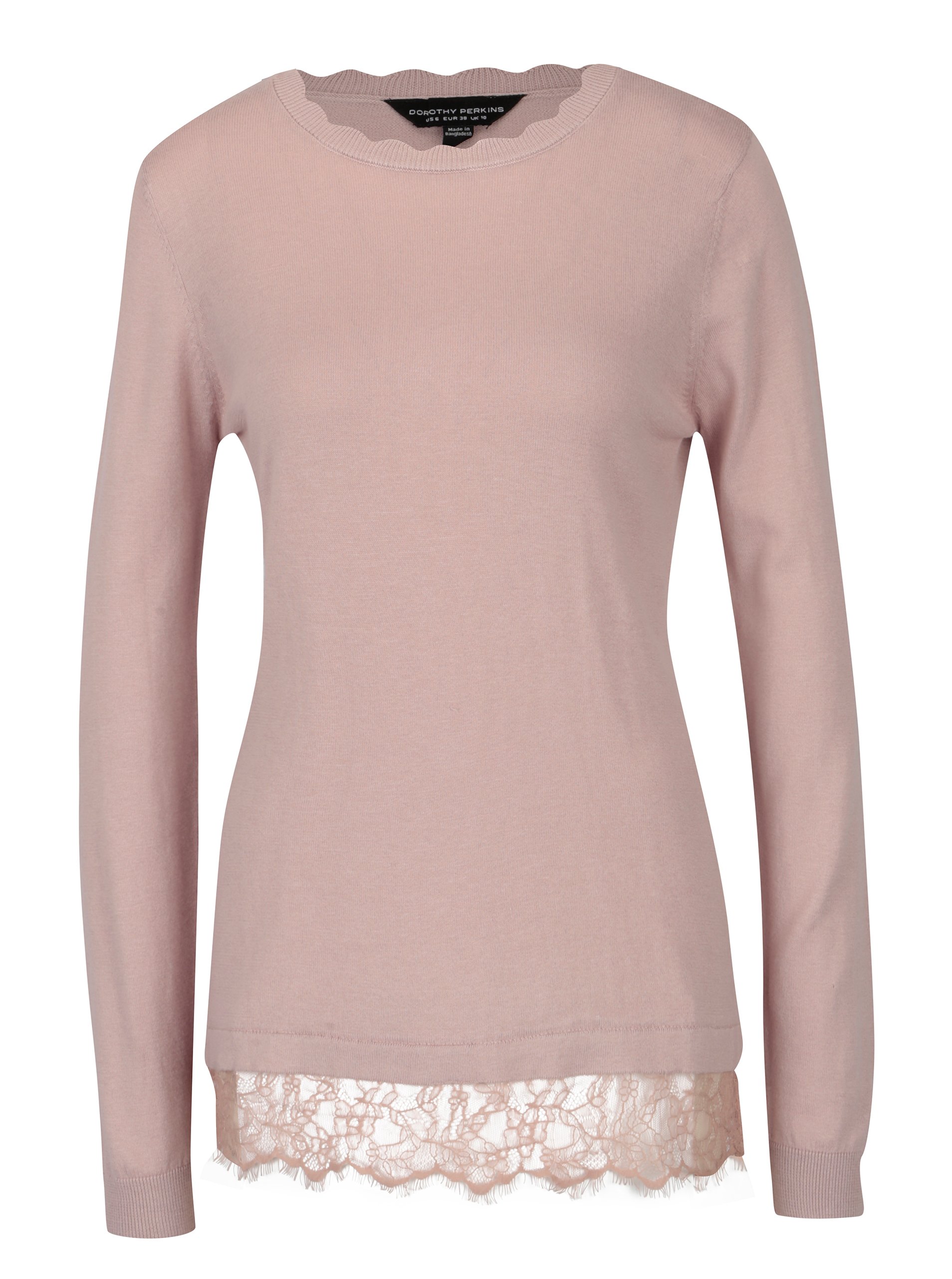 Světle růžový lehký svetr s krajkovým lemem Dorothy Perkins