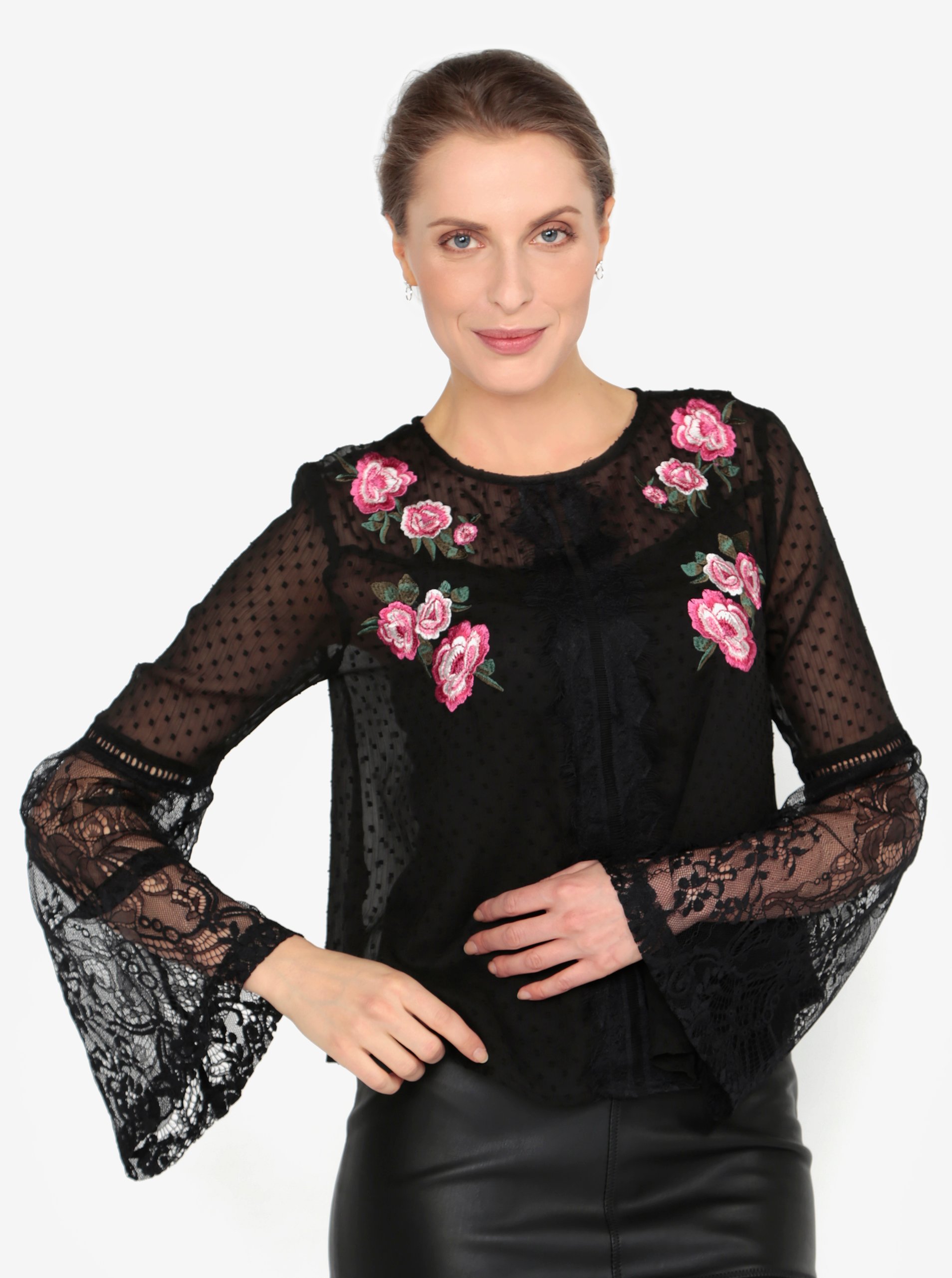 Černá průsvitná vzorovaná halenka s tílkem 2v1 Miss Selfridge