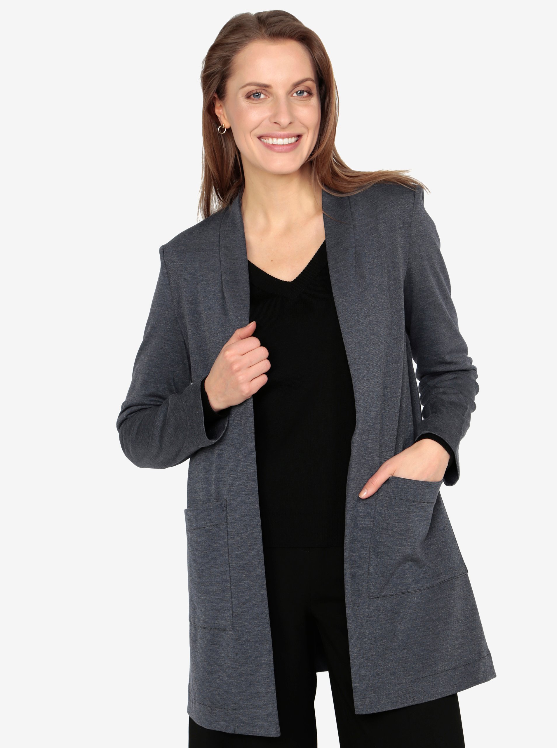 Tmavě modré dlouhé sako s kapsami VERO MODA Jenny