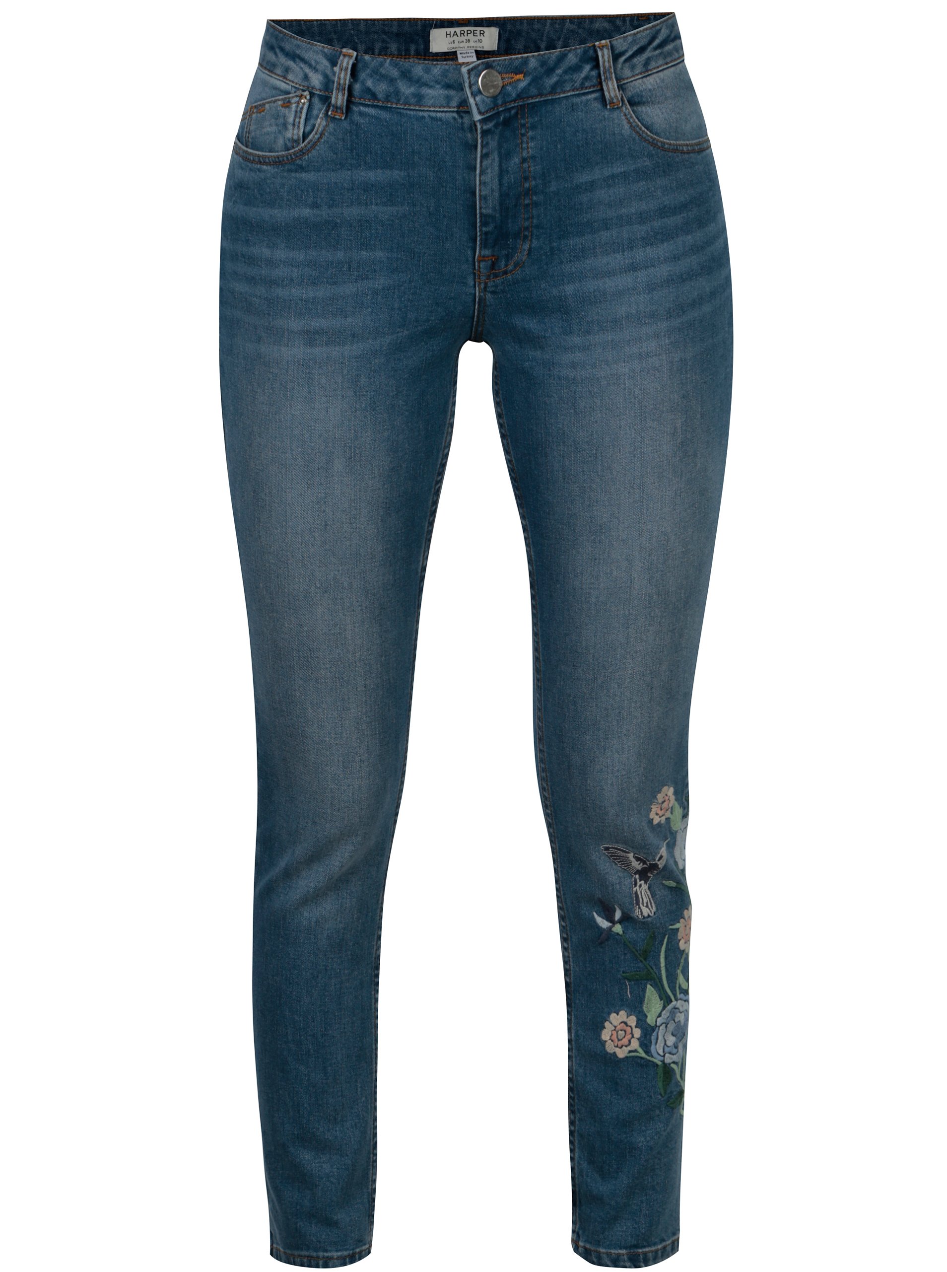 Modré zkrácené skinny džíny s výšivkou Dorothy Perkins
