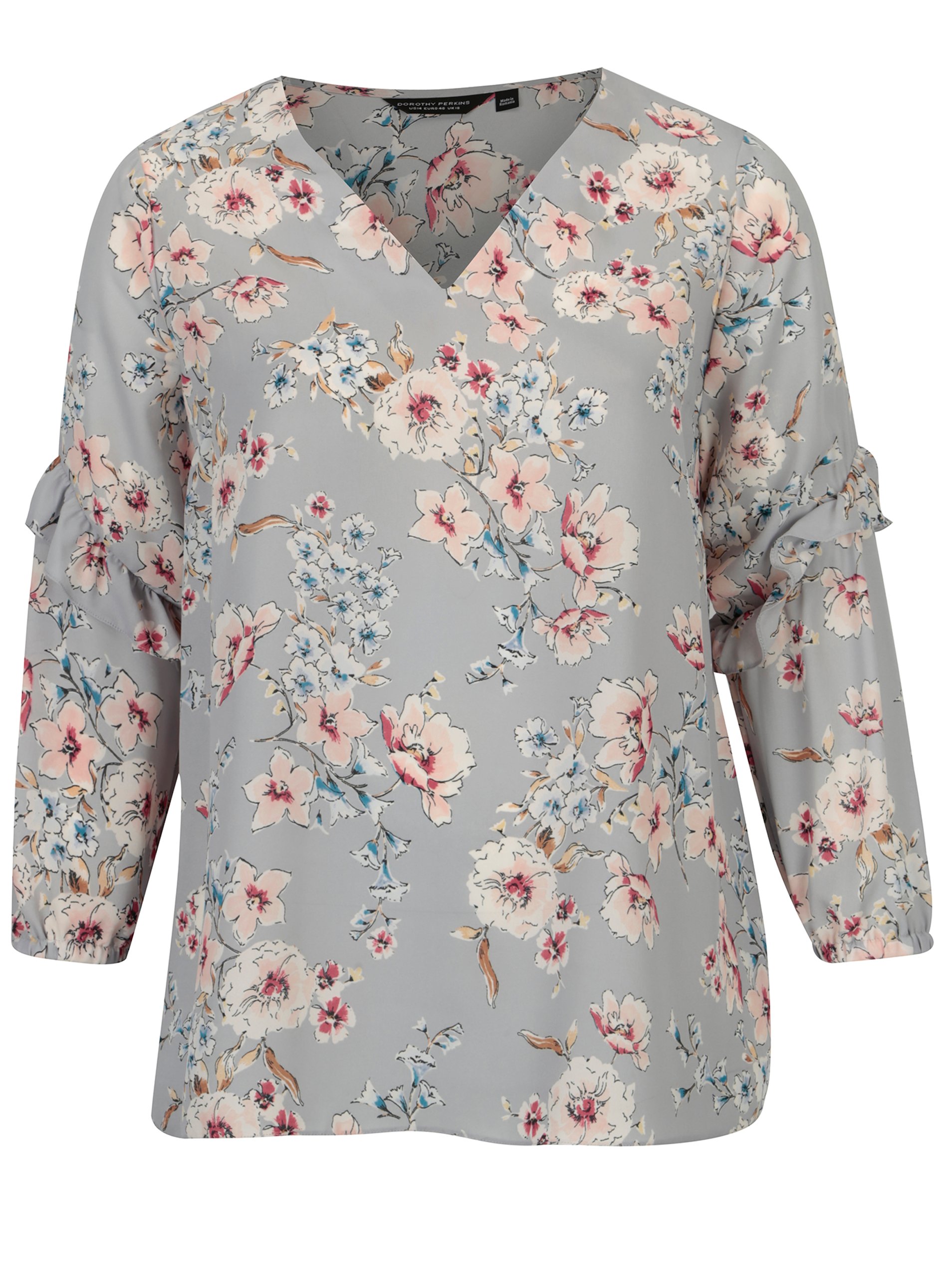 Světle šedá květovaná halenka s volány Dorothy Perkins Curve