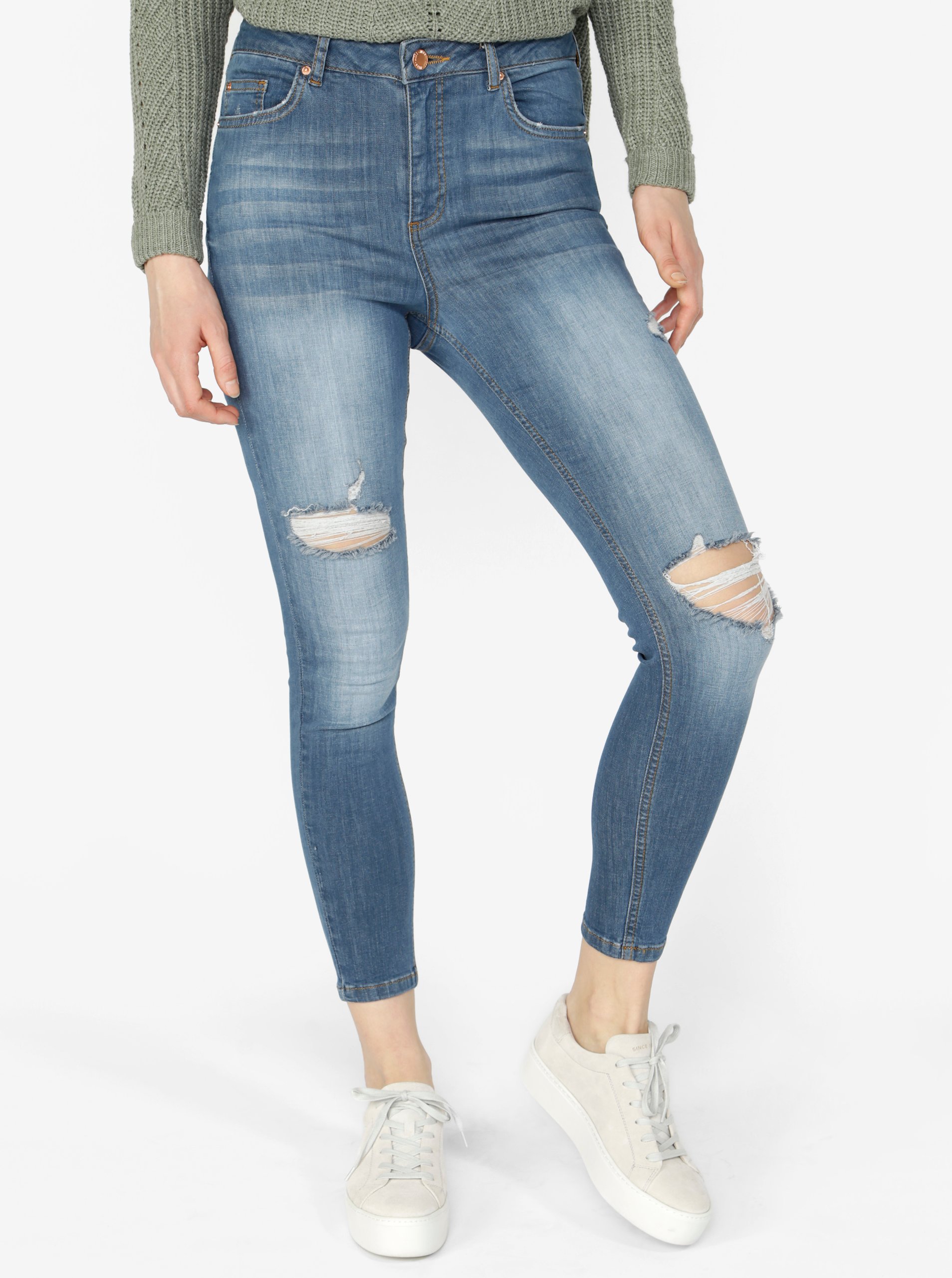 Světle modré super skinny džíny s potrhaným efektem Miss Selfridge
