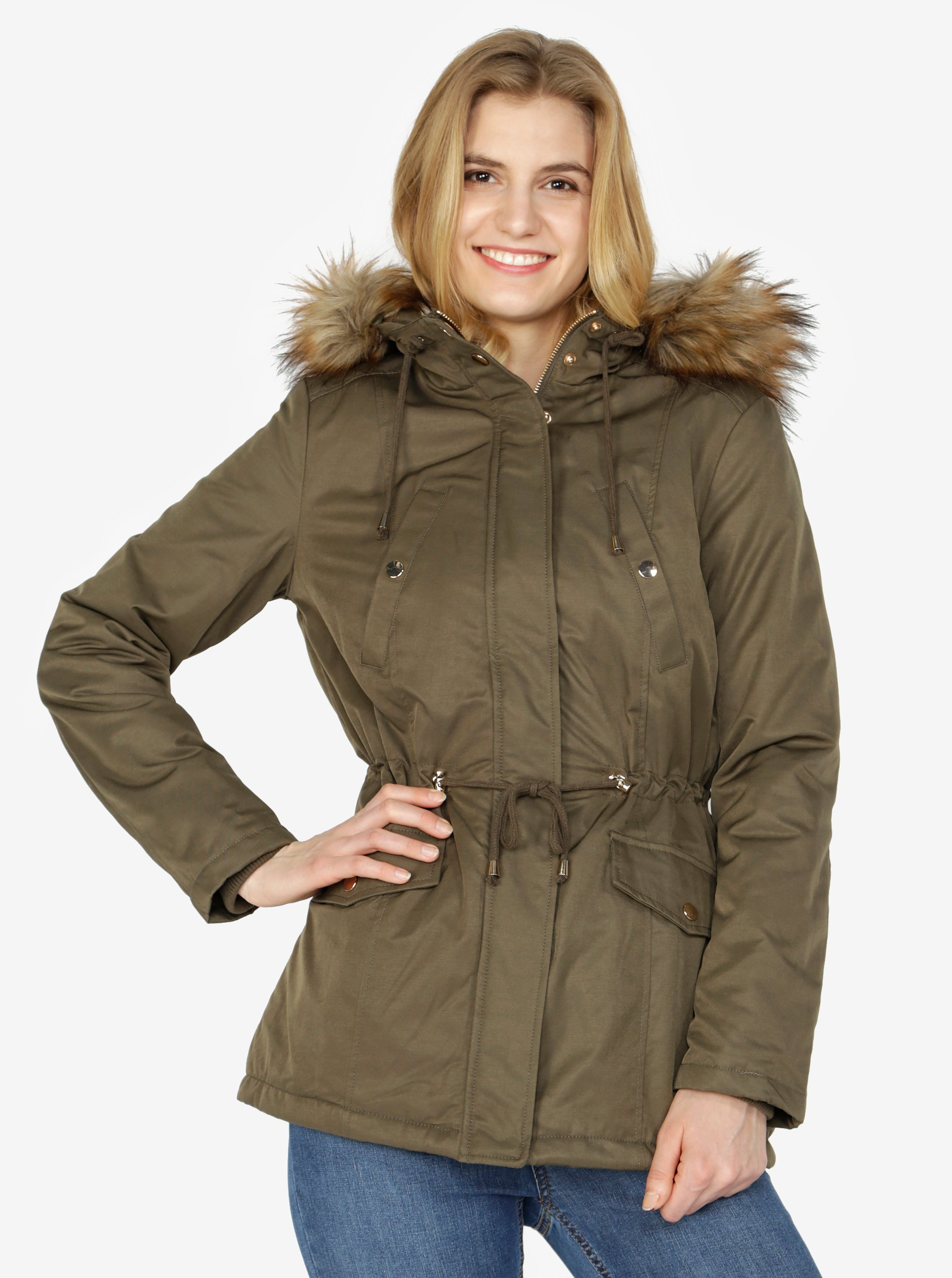 Khaki parka s umělou kožešinou Miss Selfridge