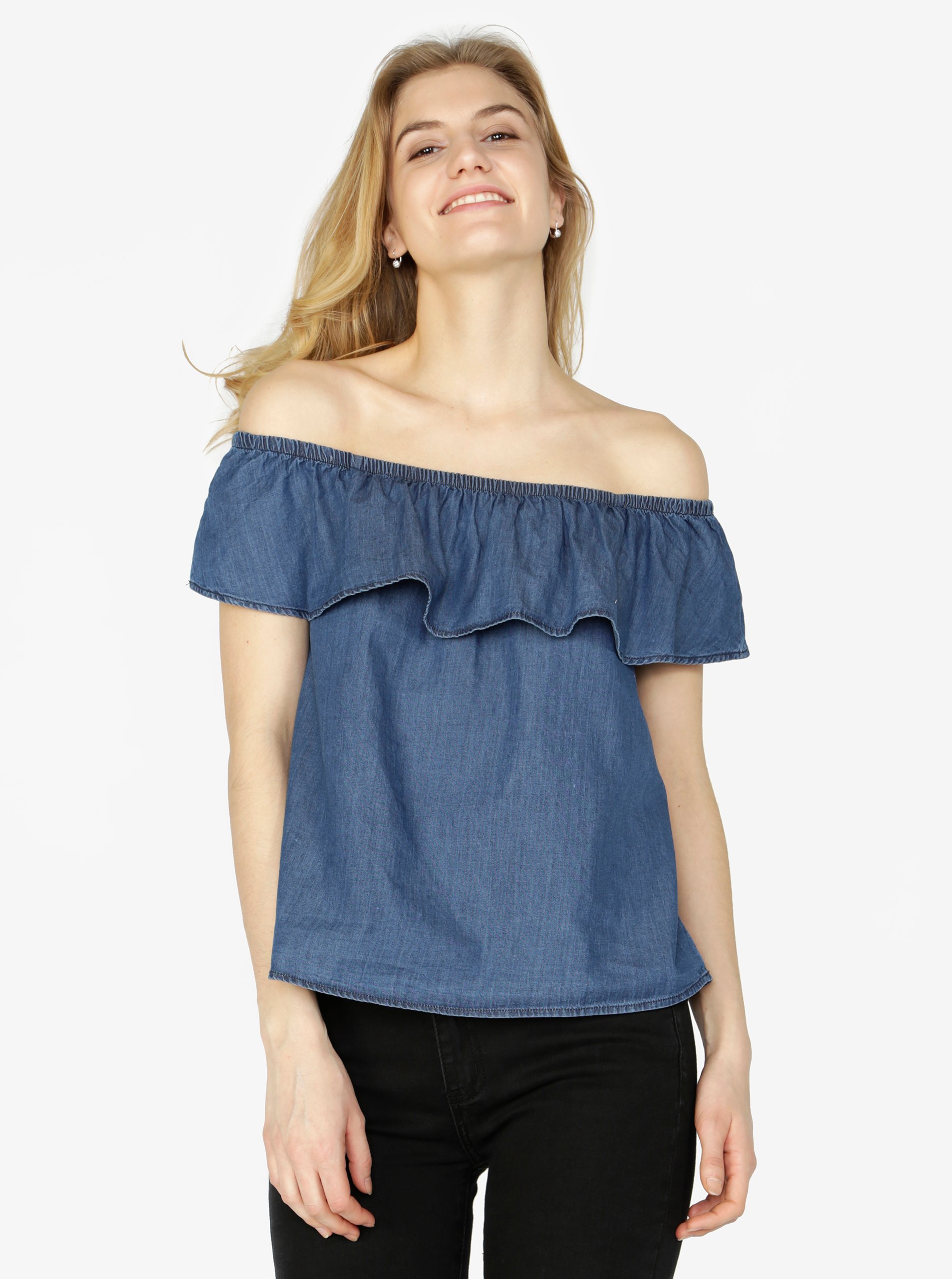 Tmavě modrý džínový top s odhalenými rameny VERO MODA Emilia